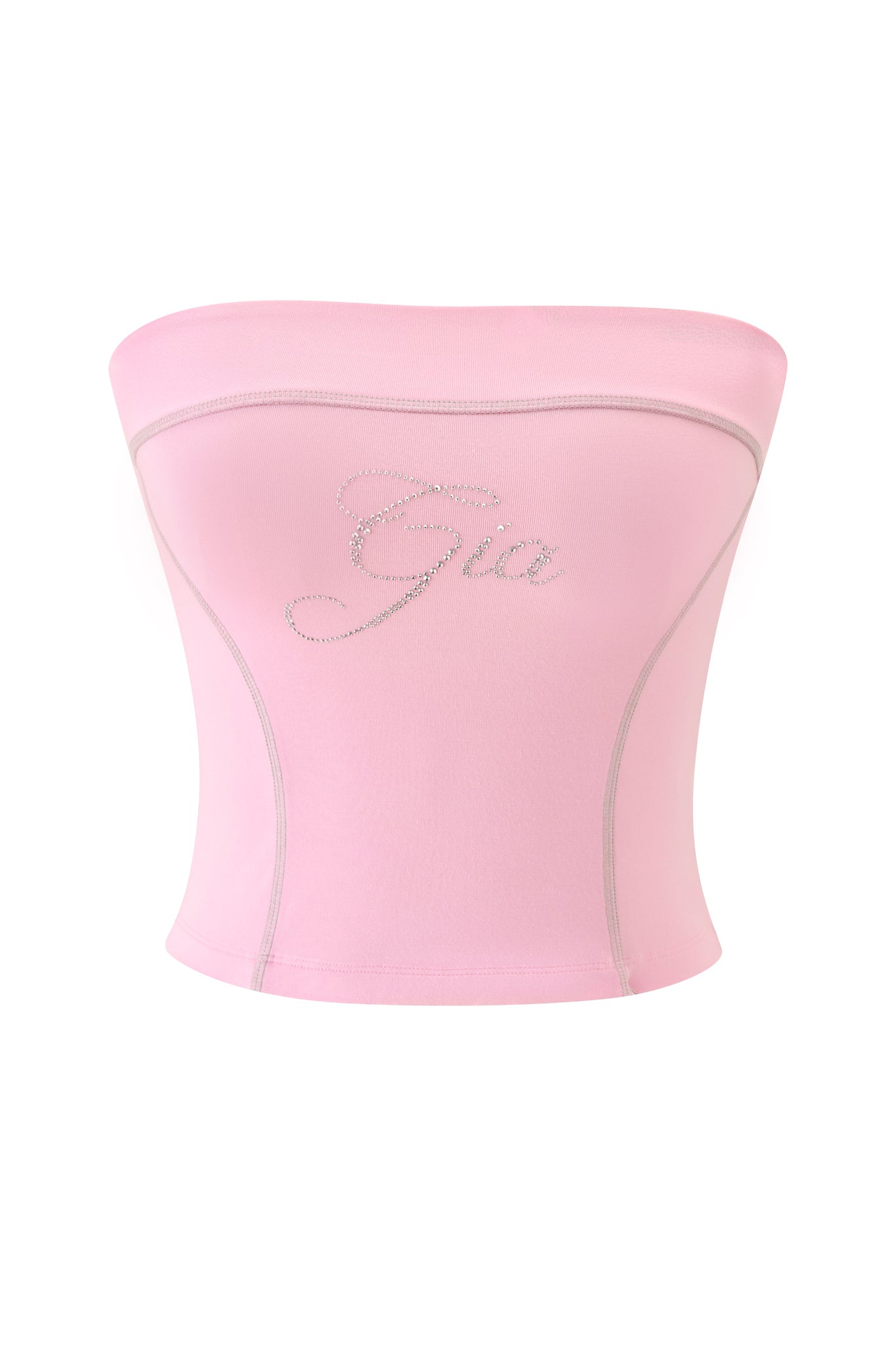 A baby pink strapless boob tube by I.AM.GIA featuring light stitching details and a sparkling diamonte “Gia” logo at the front center.