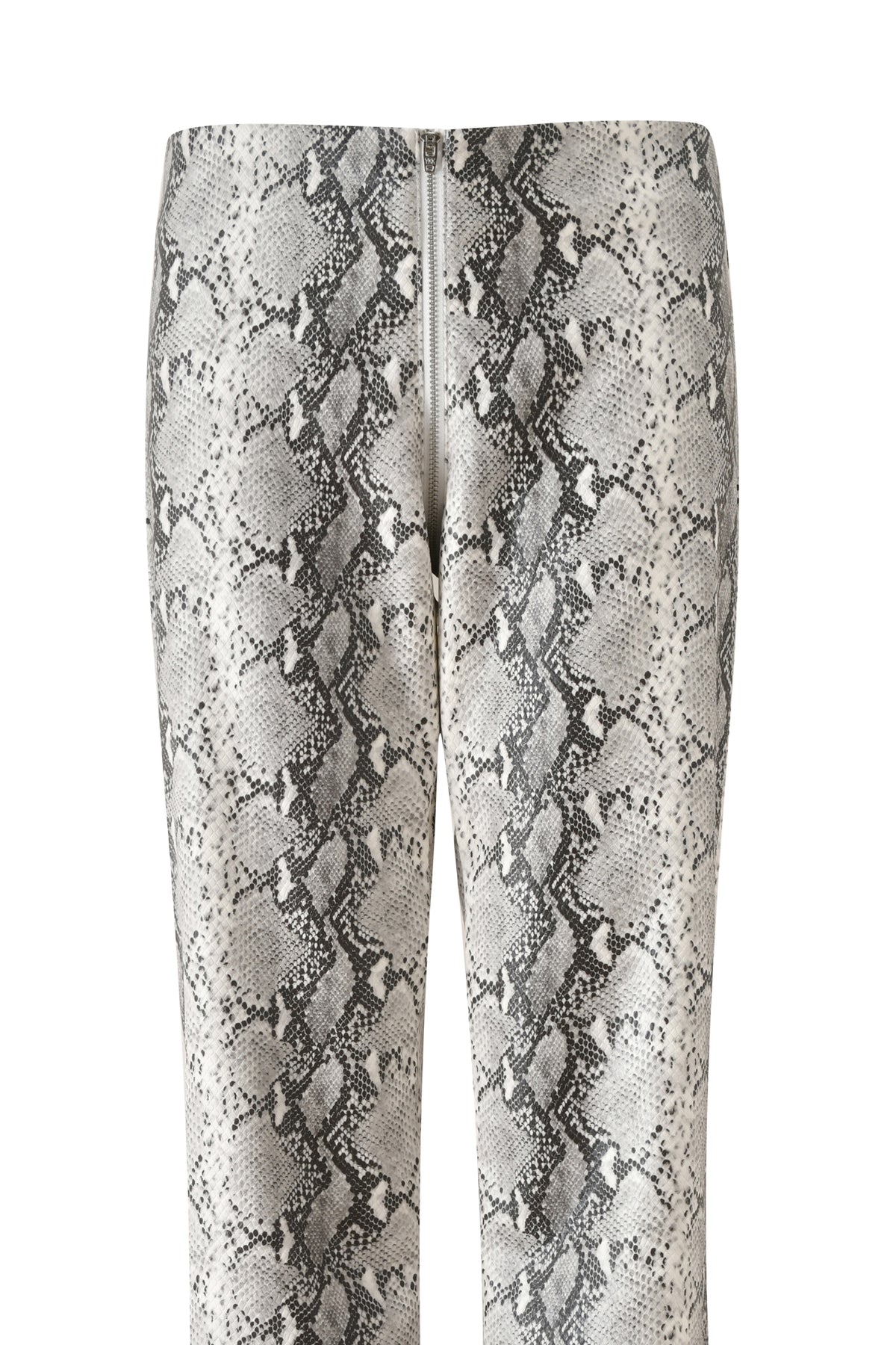 Close-up of the back of the I.AM.GIA HENDRIX 2.0 PANT in Cream Snake, featuring faux python leather with a gray and black snakeskin pattern and a visible zipper at the waistband—perfect for adding an edgy touch to your night out pants collection.