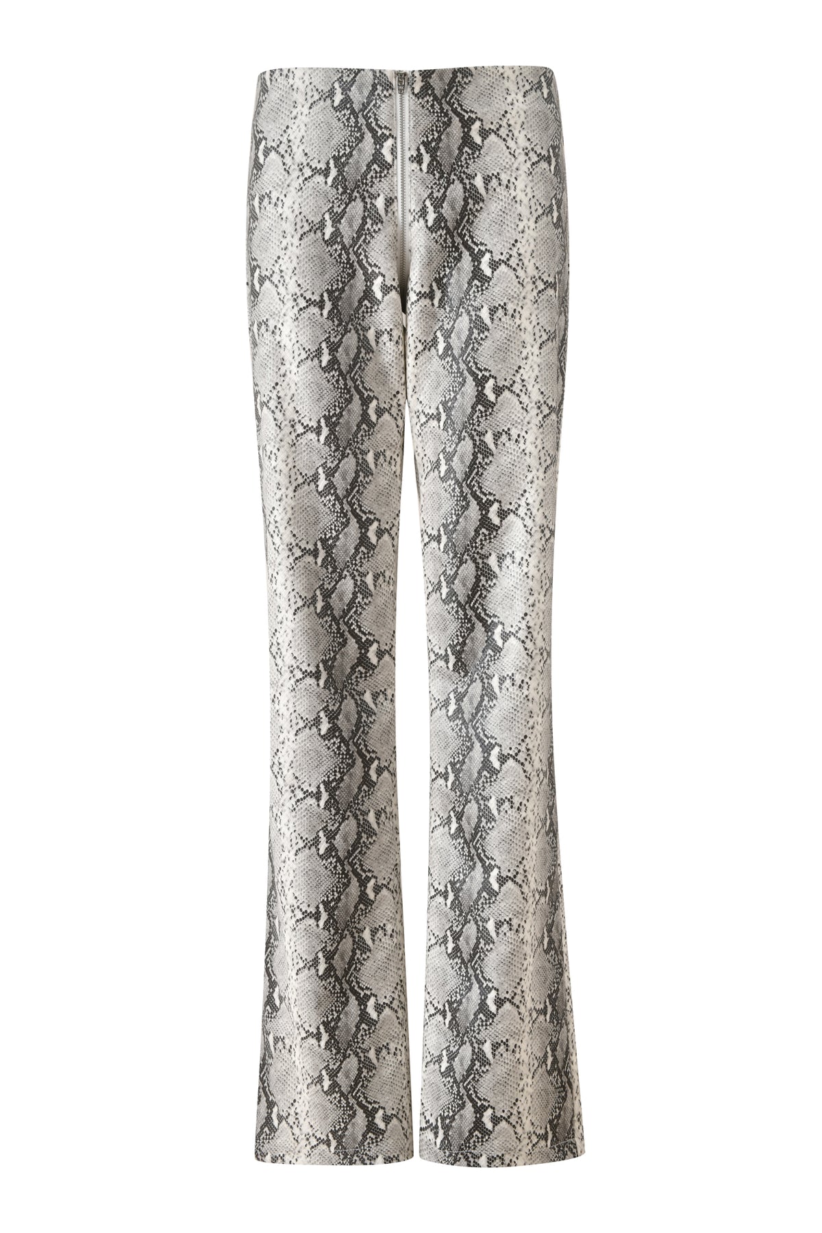The HENDRIX 2.0 PANT - CREAM SNAKE by I.AM.GIA features a high-waisted, straight-leg silhouette in faux python leather with a cream and gray snakeskin pattern, shown against a white background—perfect for making a bold statement on your next night out.