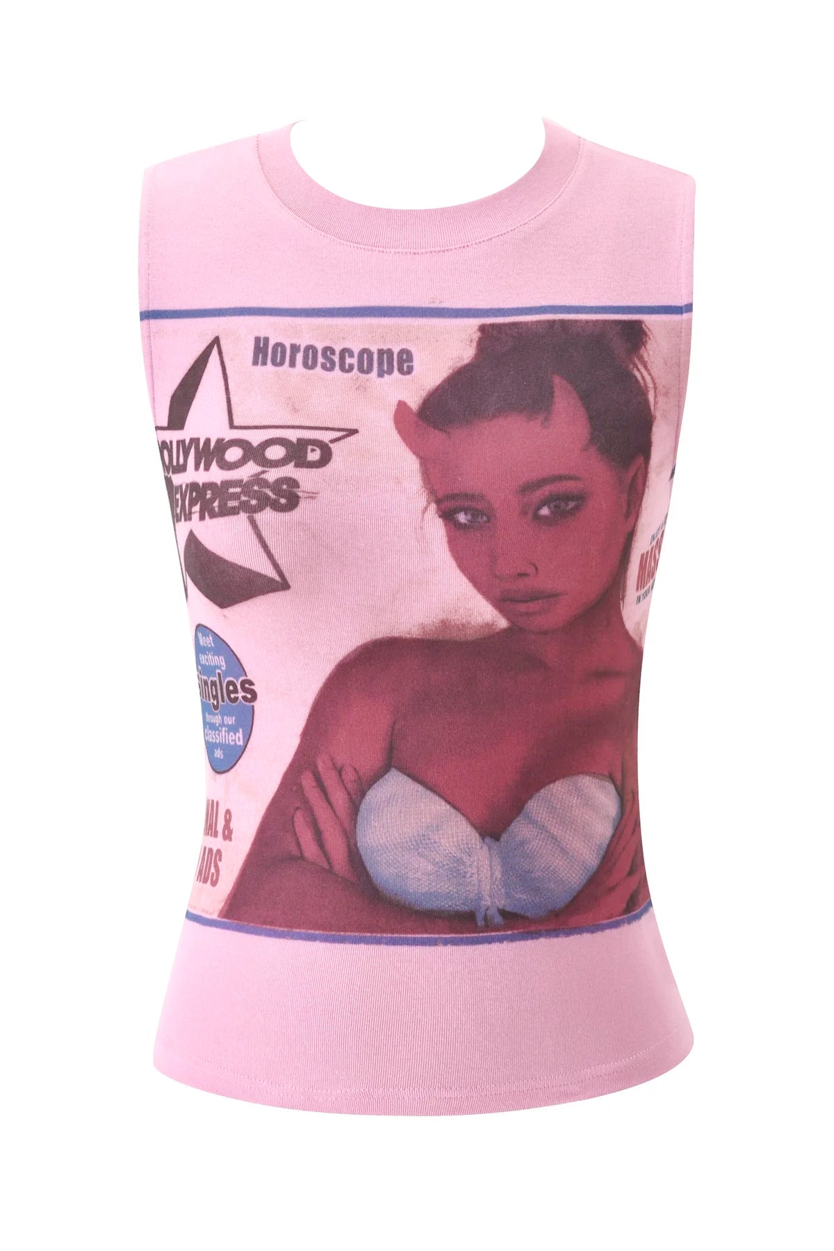 The I.AM.GIA T-REX COURTNEY TANK - PINK is a sleeveless baby pink muscle tank crafted from heavyweight cotton jersey, featuring a bold graphic of a woman with red horns, magazine-style text, and eclectic designs such as "Hollywood Express" and "Horoscope." The eye-catching print also highlights the woman wearing a white textured top.