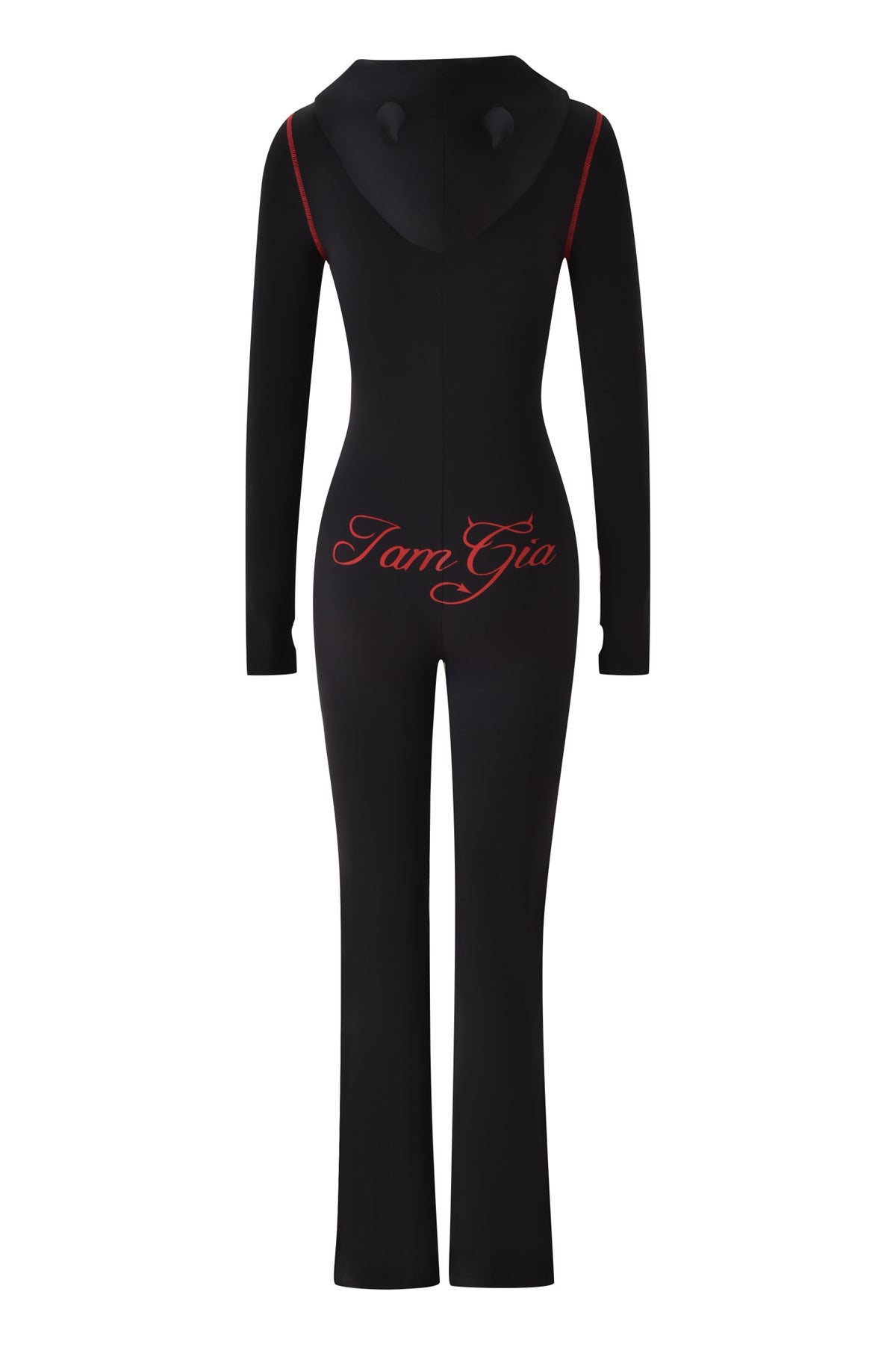 Back view of the BLARE HORN JUMPSUIT - BLACK by I.AM.GIA with red stitching, a red “IamGia” script on the lower back, and a fun devil horn hood.