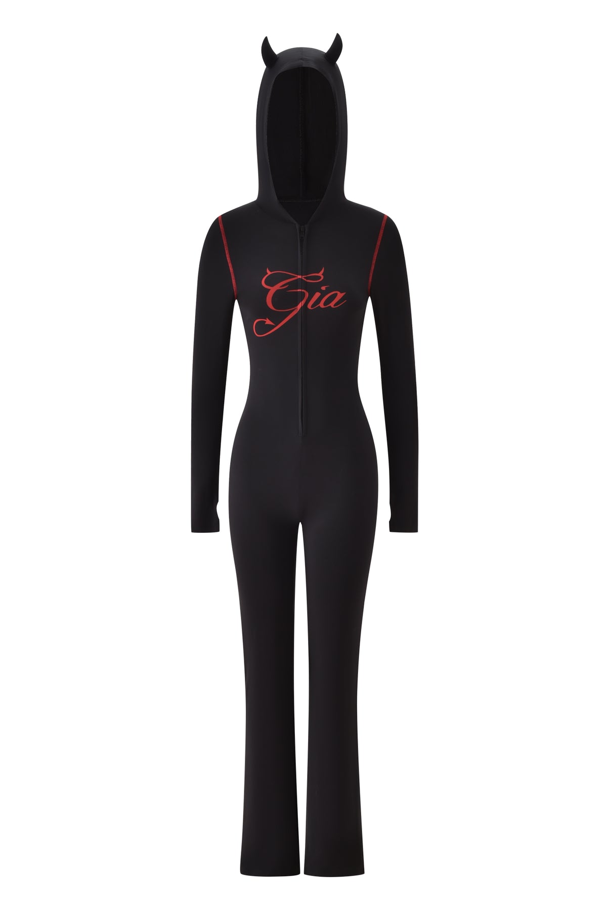 The BLARE HORN JUMPSUIT - BLACK by I.AM.GIA features a devil horn hood, red piping on the shoulders, “Gia” in red script, front zipper, and long sleeves for a bold look.