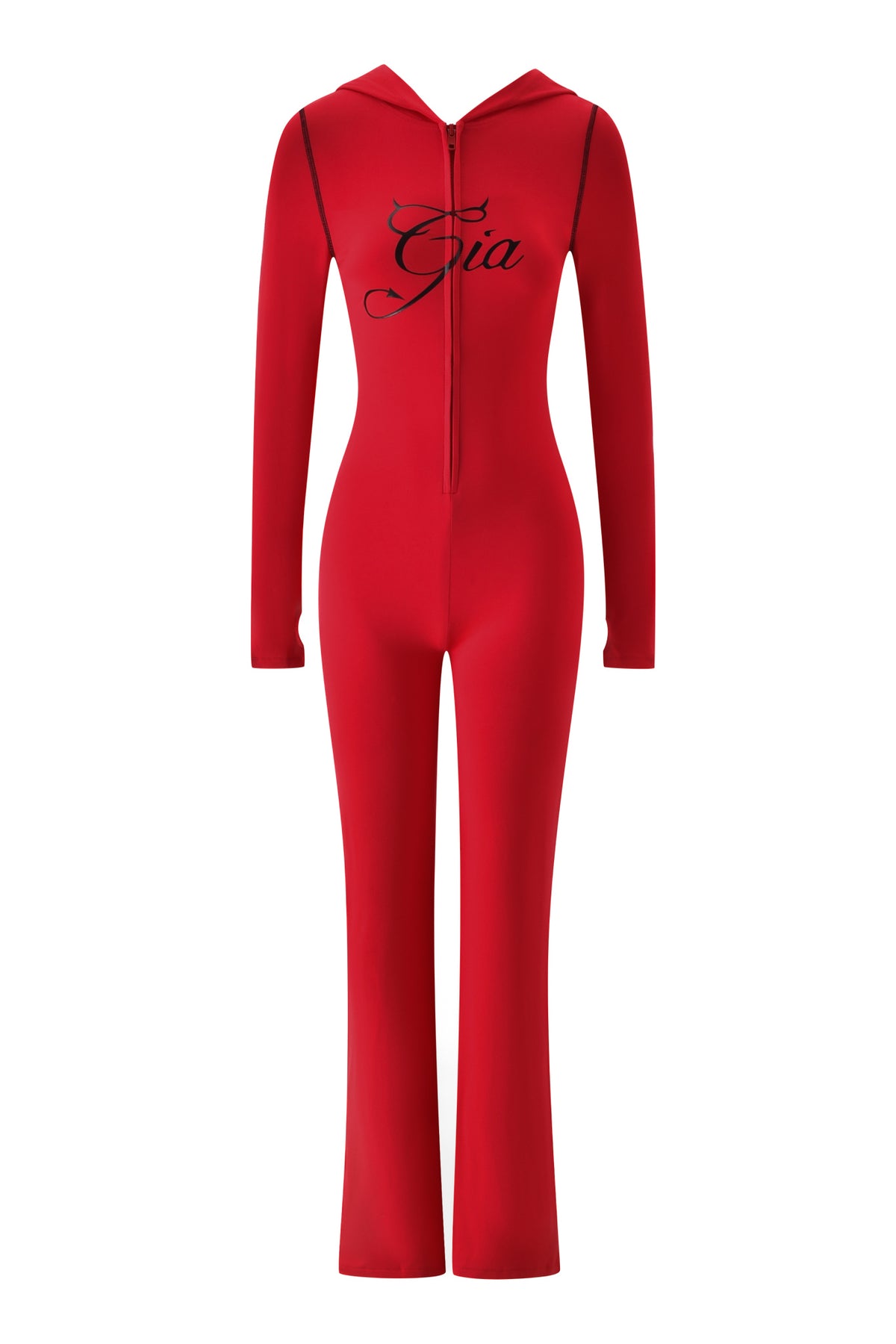 BLARE HORN JUMPSUIT - RED by I.AM.GIA features a devil horn hood, long sleeves, front zipper, “Gia” script on the chest, and a fitted silhouette with flared legs for a bold look.