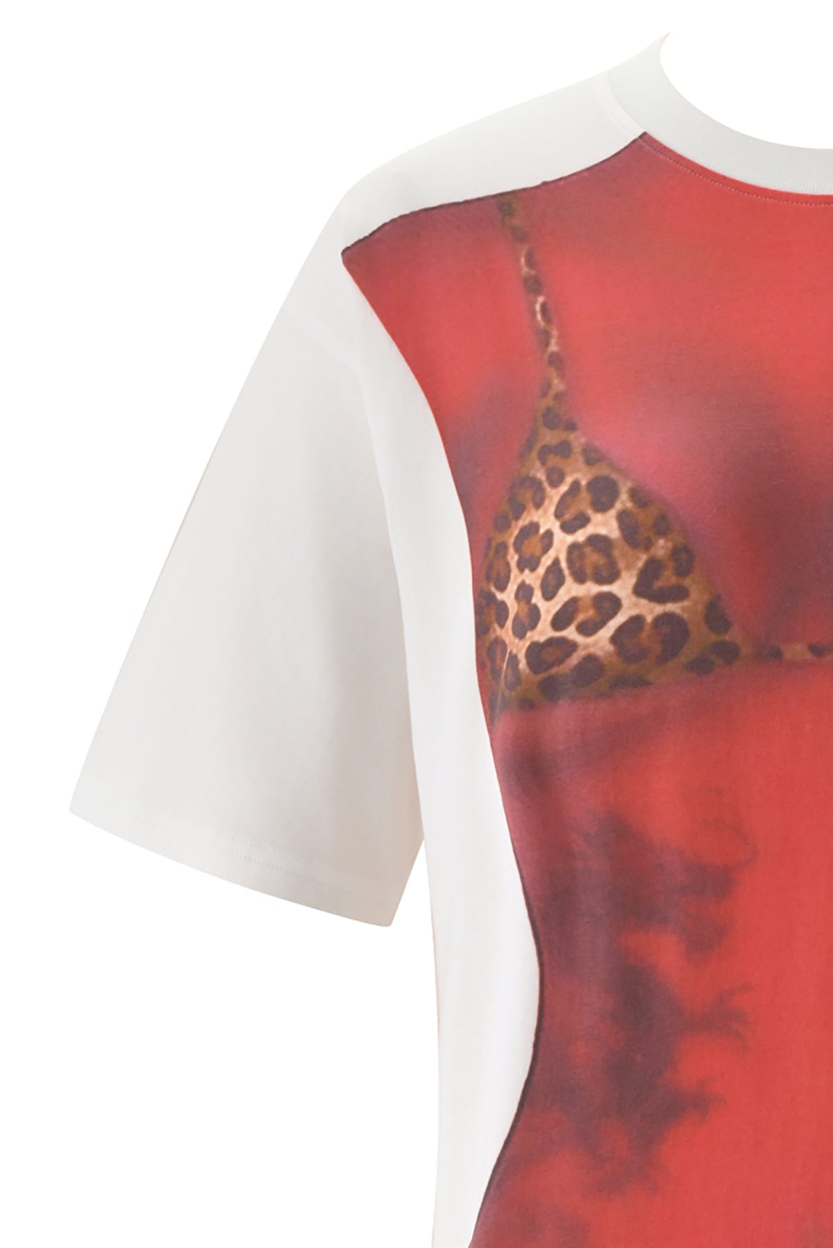 The I.AM.GIA T-REX SPRAY BODY OVERSIZED TEE - WHITE features a Y2K-inspired airbrushed bikini body print with a red outfit and leopard-print bikini top for a playful layered look.