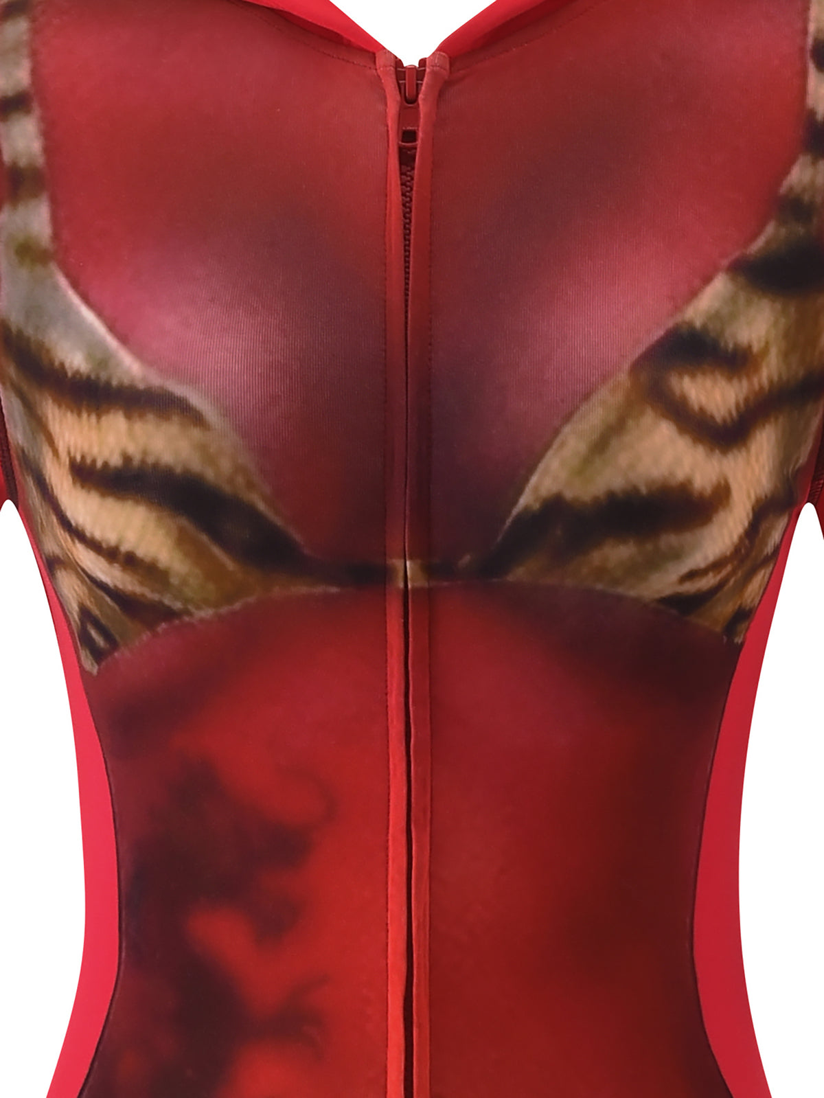 Close-up of a red T-REX SPRAY BODY BLARE HOODIE - RED by I.AM.GIA, featuring a zipper and an airbrushed bikini body print resembling a tiger-print bra across the chest.