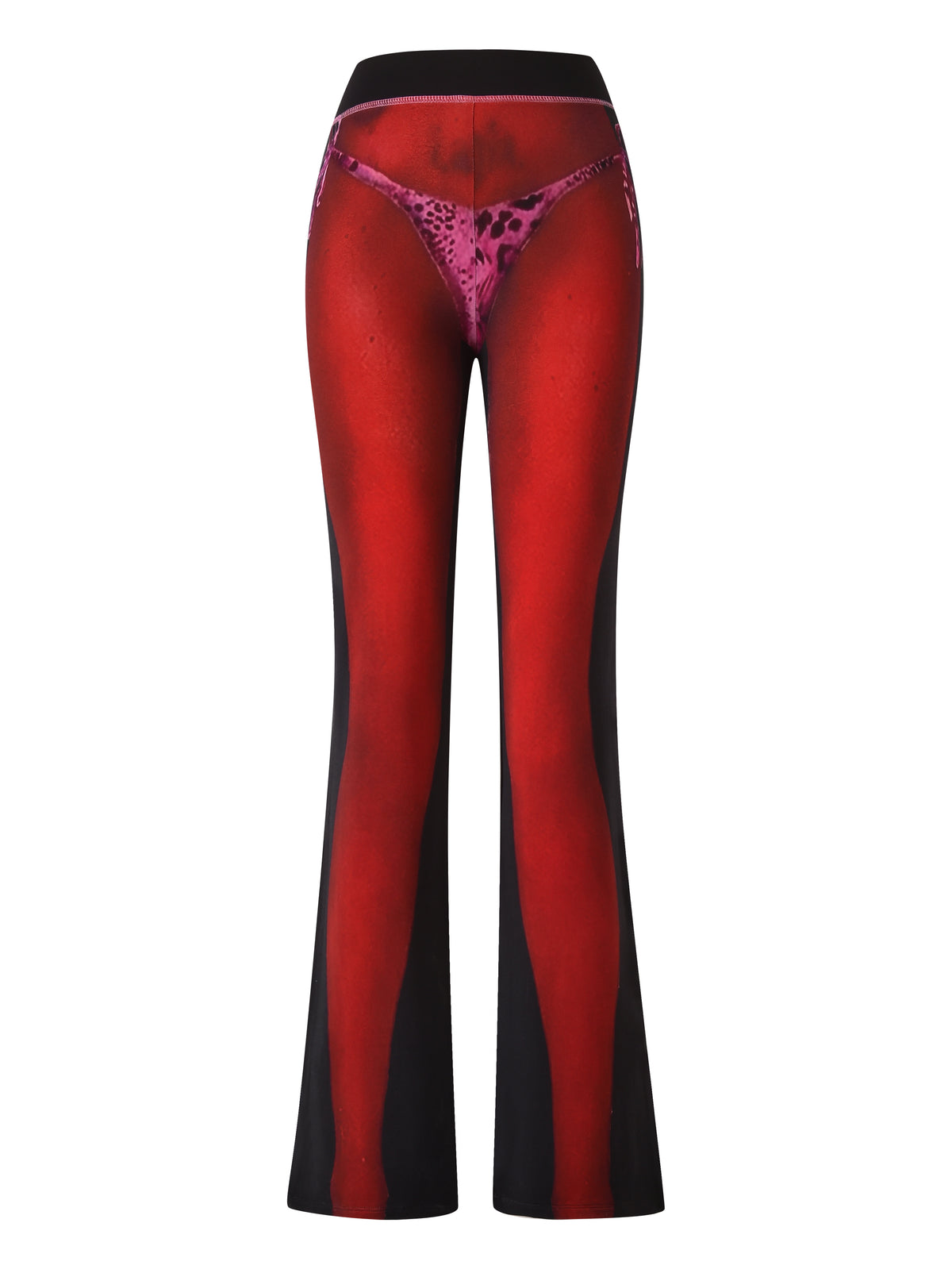 The T-REX SPRAY BODY BLARE TRACKPANT - BLACK by I.AM.GIA features a bold trompe l’oeil print of red legs and a pink leopard-print thong on the back—ideal for standout airport style.