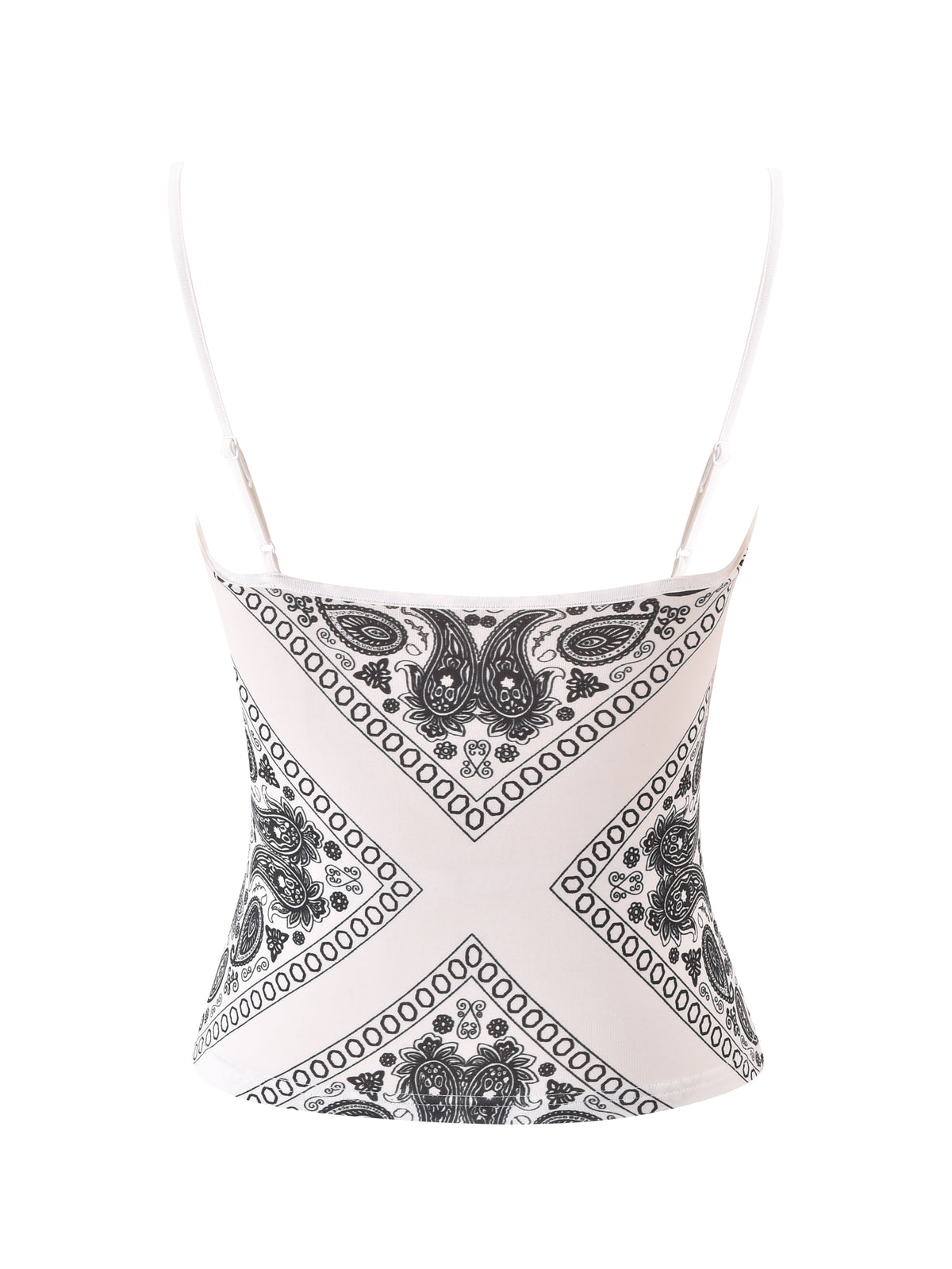 The T-REX TANK - PAISLEY FACE by I.AM.GIA is a white fitted camisole crop top with a sleek black paisley bandana print arranged in a modern, symmetrical design.
