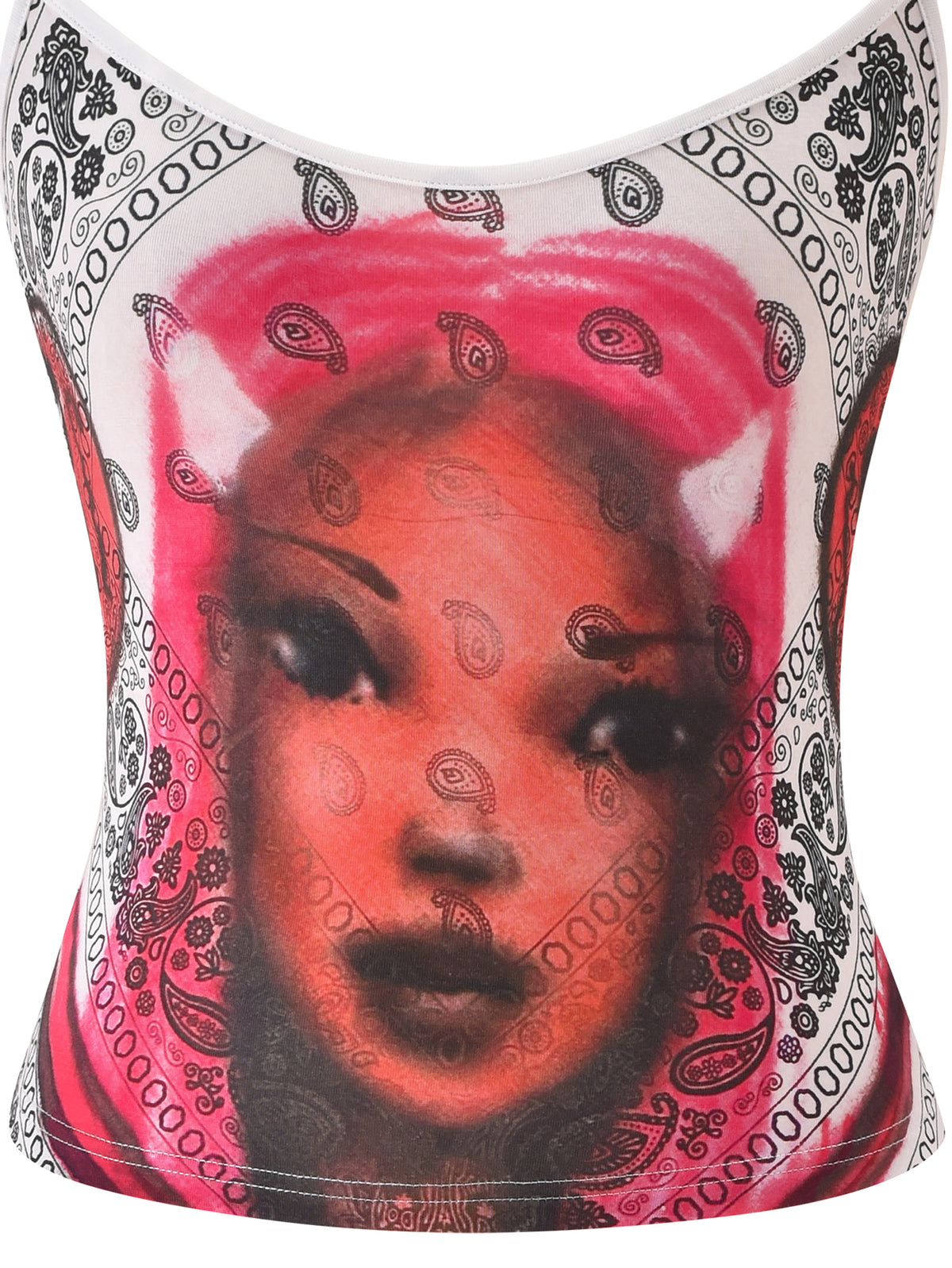 The I.AM.GIA T-REX TANK - PAISLEY FACE is a white camisole featuring a pink-haired cat-eared character’s face with a black and white paisley bandana placement print.
