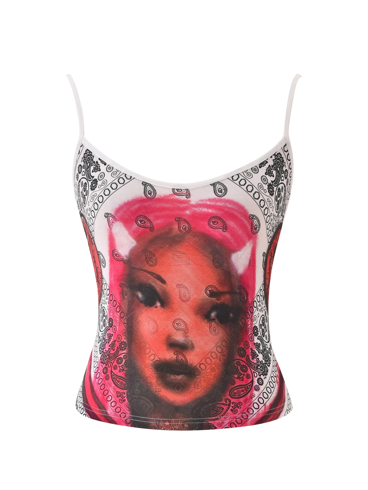 The T-REX TANK - PAISLEY FACE by I.AM.GIA is a sleeveless white camisole with thin straps, a black and white paisley design, and a bold graphic of a woman’s face with pink tones and cat ears on the front.