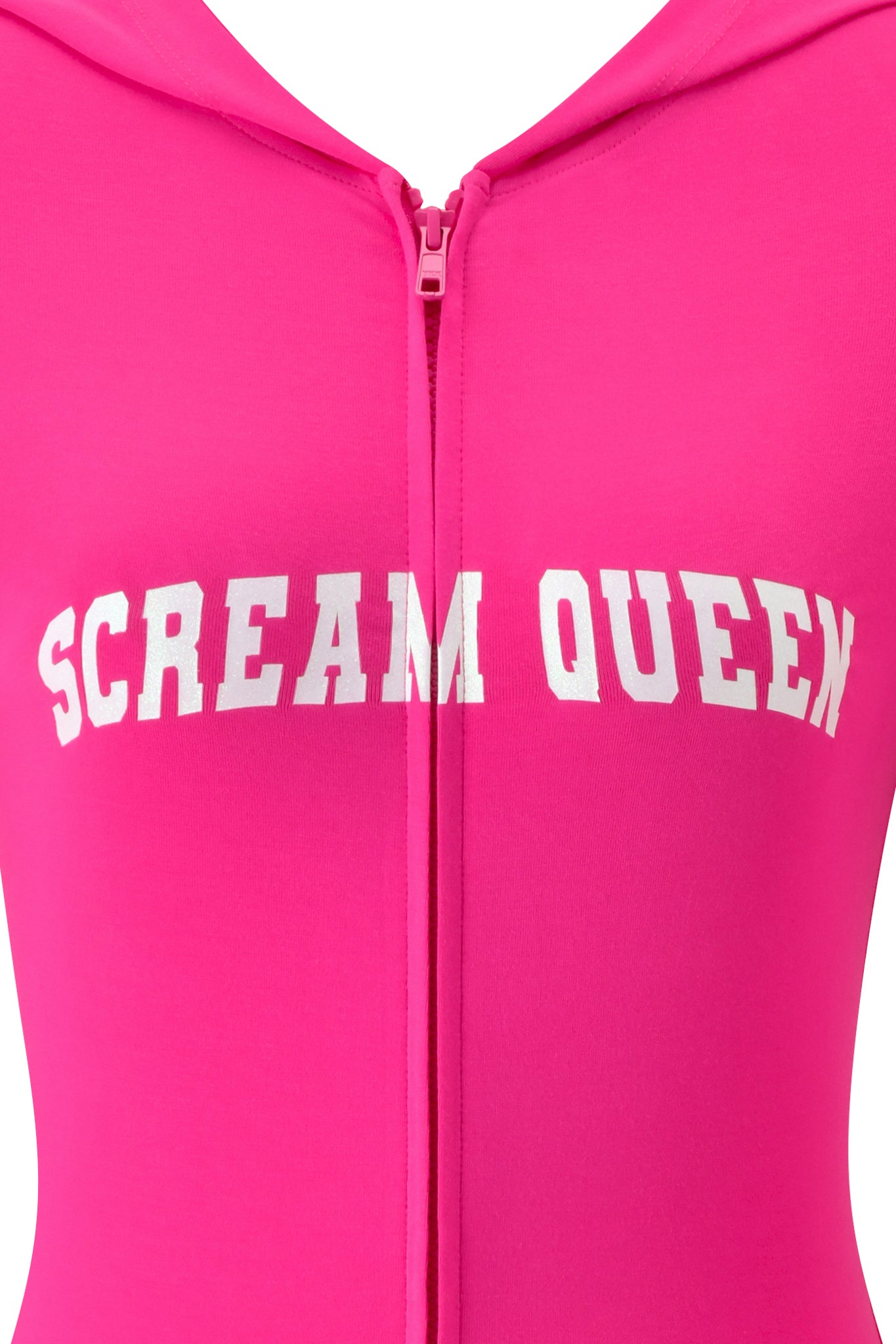 A close-up of the I.AM.GIA BLARE HOODIE in Hot Pink Scream Queen, featuring soft bamboo fabric and bold white block lettering spelling “SCREAM QUEEN” across the chest.