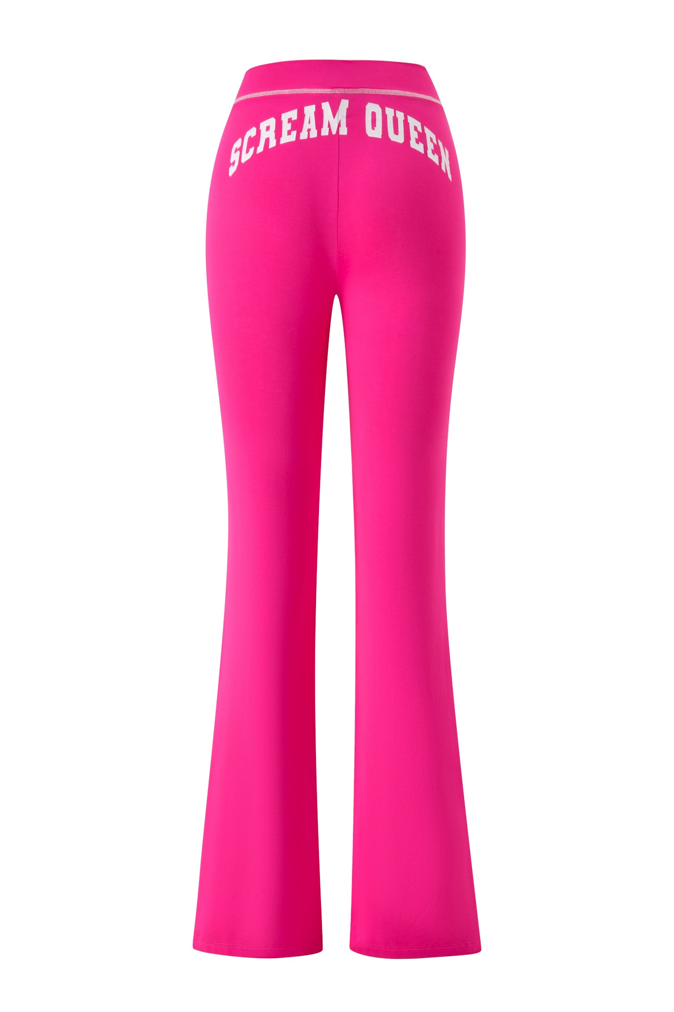 The BLARE TRACKPANT - HOT PINK SCREAM QUEEN by I.AM.GIA is shown from the back, showcasing a bold white ‘Scream Queen’ graphic printed across the waistband.