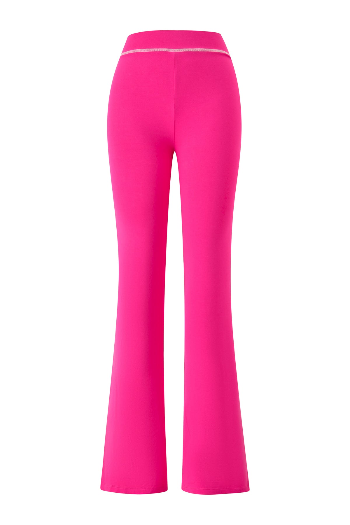 The BLARE TRACKPANT - HOT PINK SCREAM QUEEN by I.AM.GIA is featured from the back against a white background. These high-waisted pants have a fitted silhouette that flares out at the hem in a bold, bright hot pink shade.