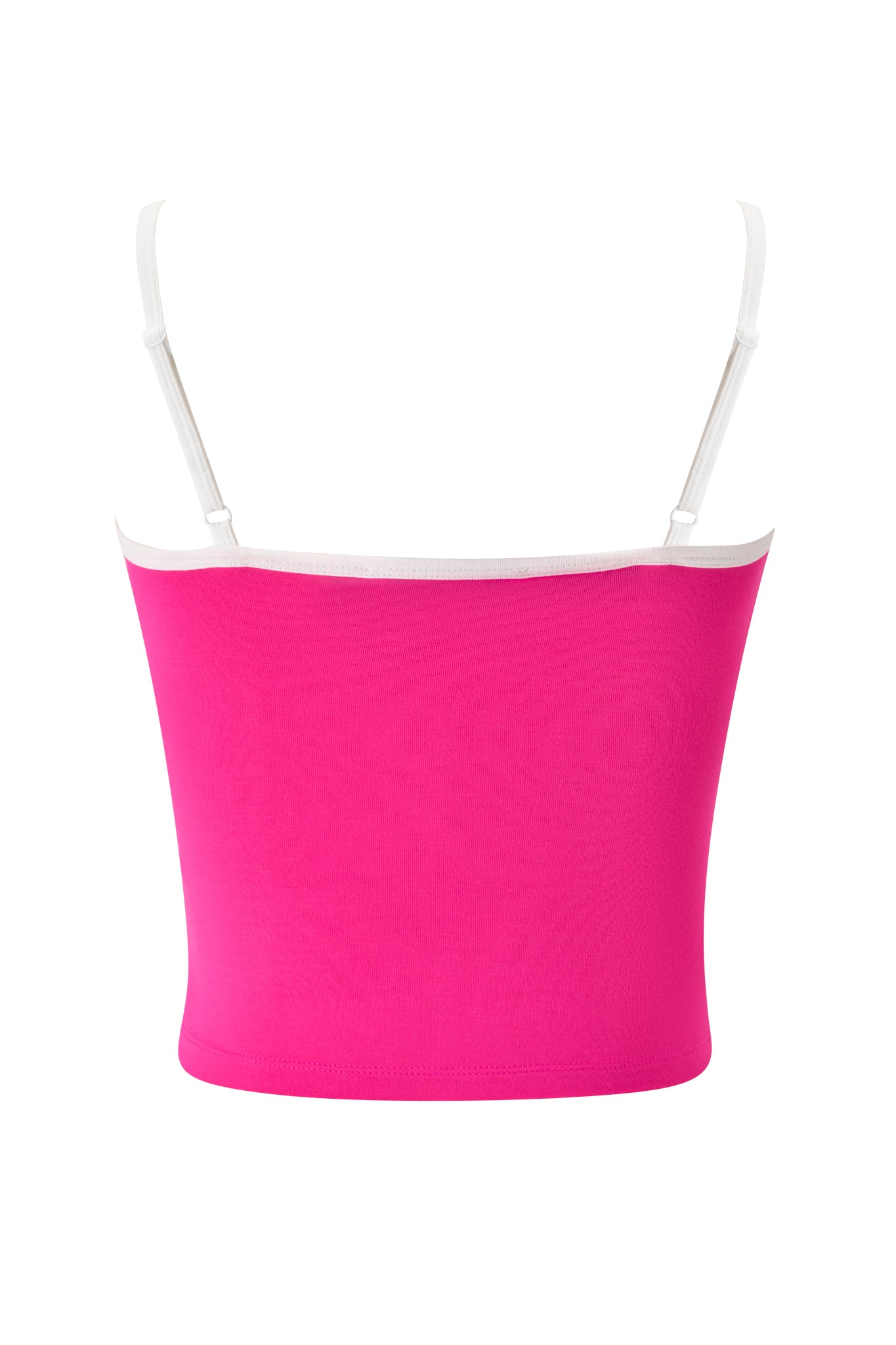 The BLARE SINGLET - HOT PINK SCREAM QUEEN by I.AM.GIA is a vibrant hot pink cami tube top featuring thin white adjustable spaghetti straps and white trim, displayed from the back against a plain white background. It is finished with subtle I.AM.GIA placement print detailing for an edgy touch.