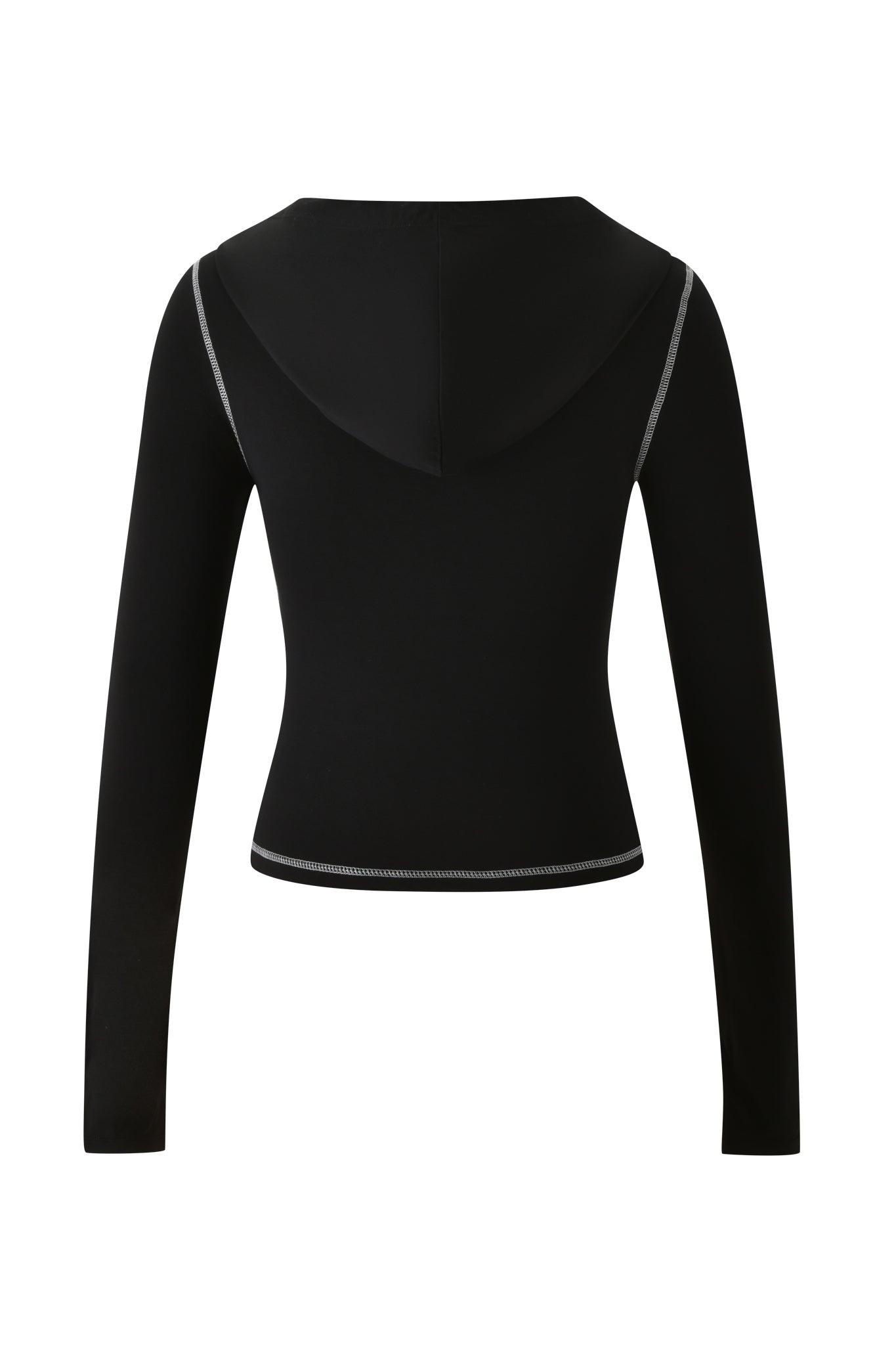 The BLARE HOODIE - JET BLACK : SECURITY by I.AM.GIA is a fitted, long-sleeve hooded top, shown from the back with gray contrast stitching accentuating the edges and seams. Crafted from soft bamboo fabric, this simple piece is displayed against a plain white background.