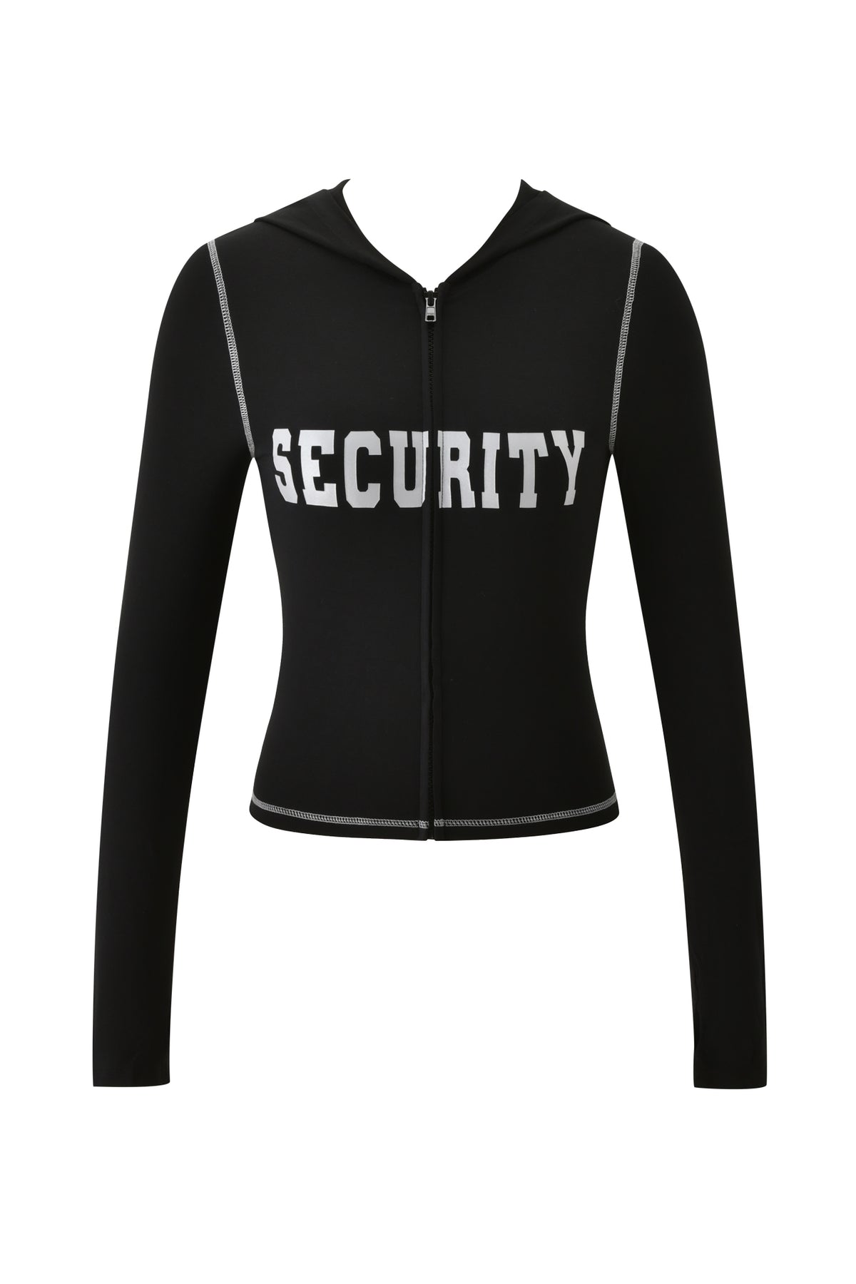 The BLARE HOODIE - JET BLACK : SECURITY by I.AM.GIA is a zip-up, long-sleeve black hoodie featuring the word “SECURITY” printed in bold white letters across the chest. It is shown against a plain white background.