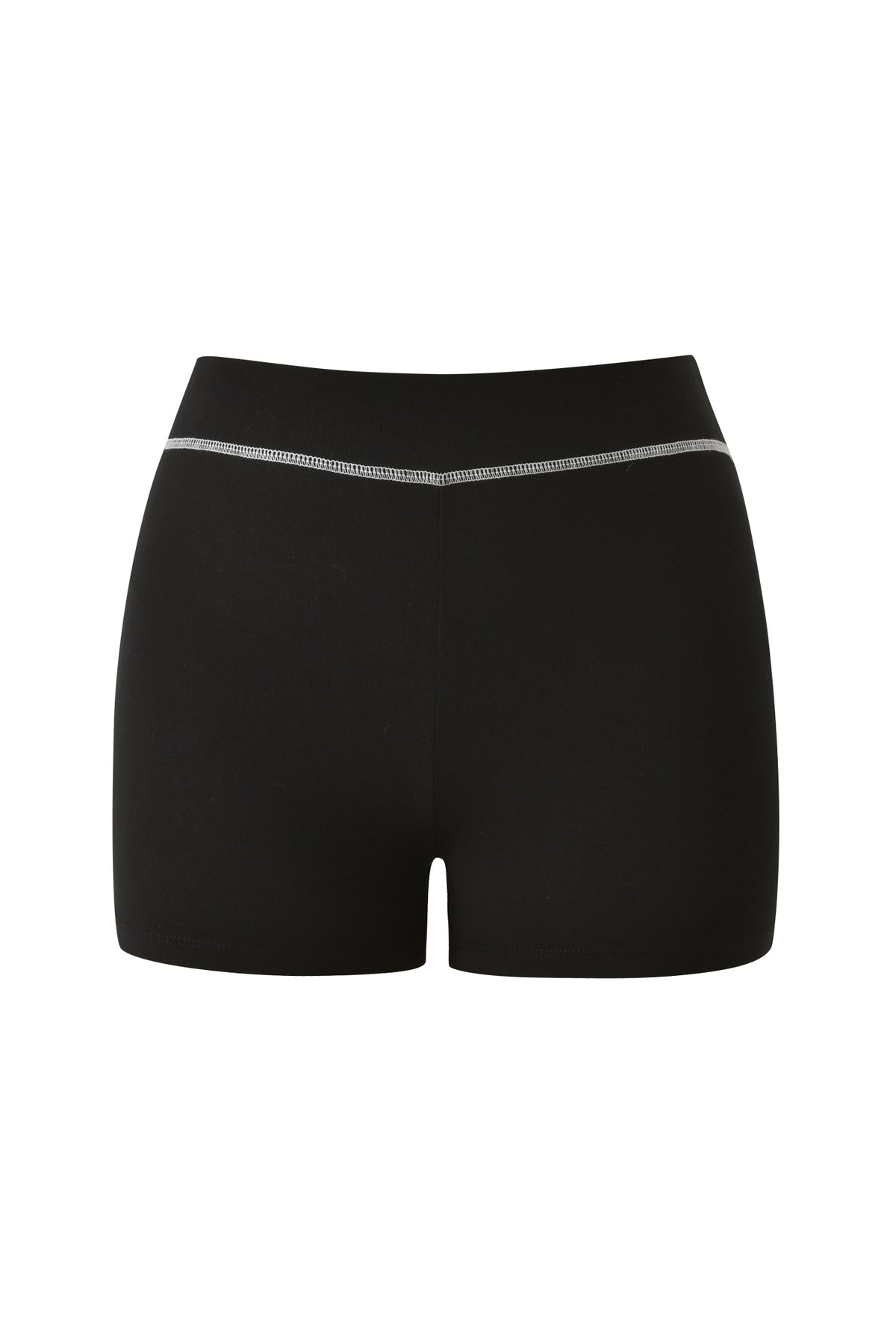 The I.AM.GIA BLARE SHORT - JET BLACK : SECURITY features a mid-rise waist and a close-fitting silhouette, accented by a subtle grey stitched detail near the waistband, showcased against a white background.