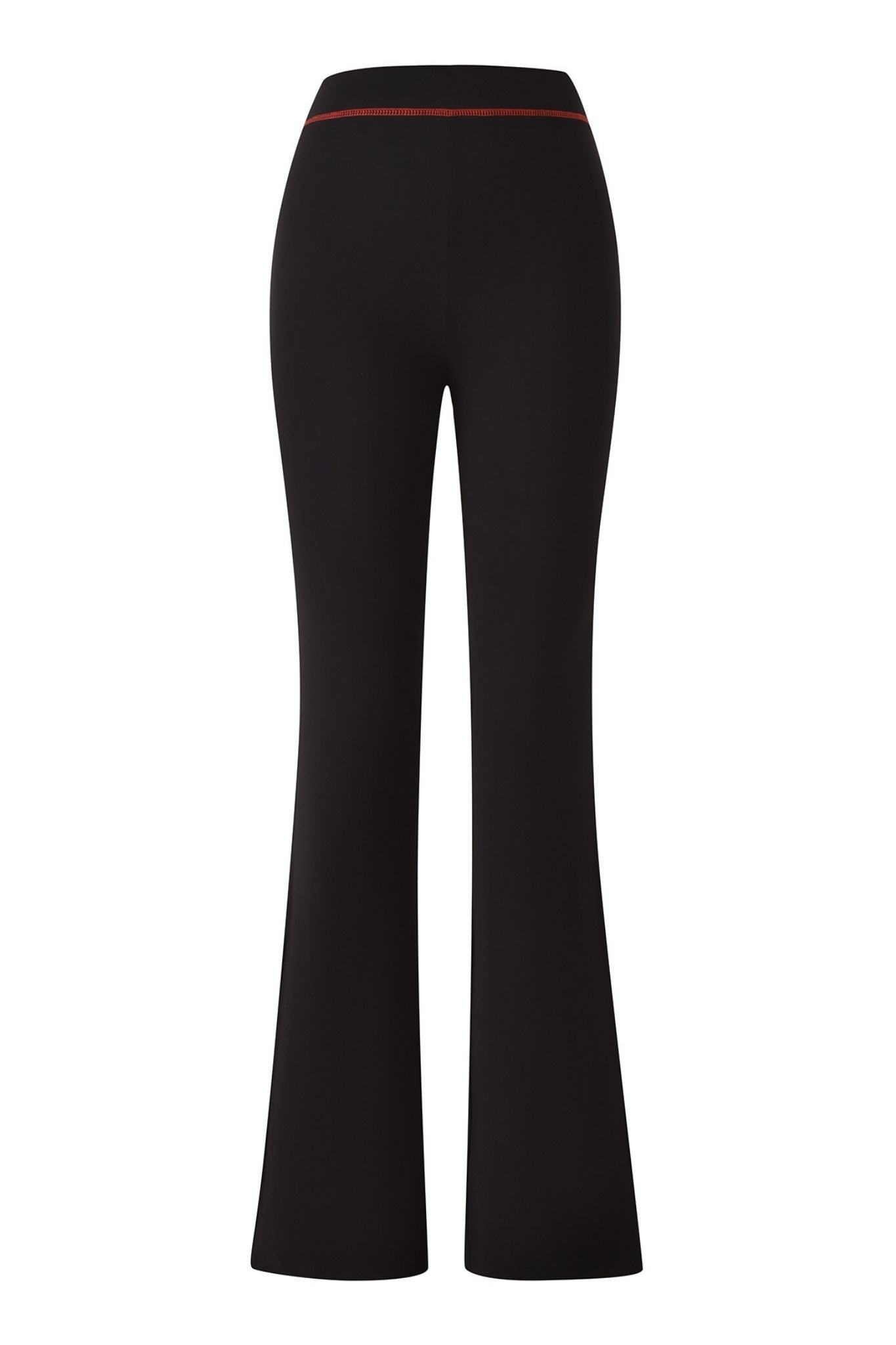 The BLARE TRACKPANT - JET BLACK : DEVIL by I.AM.GIA showcases a high-waisted, flared silhouette with a bold red stripe accent at the waistband and the signature devil GIA logo, crafted from sustainable bamboo fabric; featured in a back view against a white background.