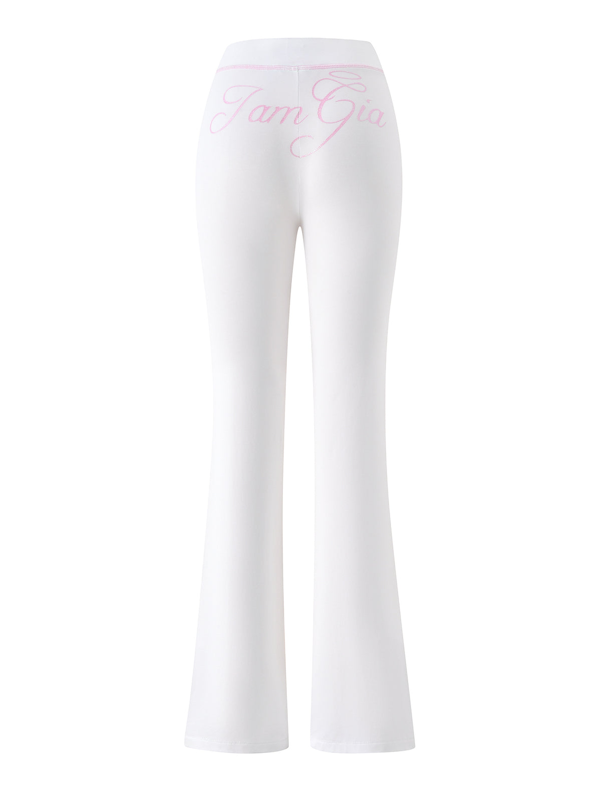 The BLARE TRACKPANT - WHITE : ANGEL by I.AM.GIA are low-rise, flared pants shown from the back, featuring “I.AM.GIA ANGEL” in pink cursive lettering across the waistband.