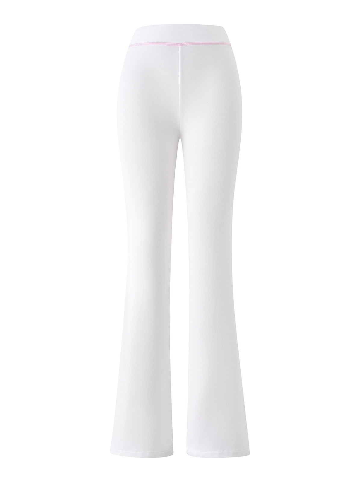 Back view of the I.AM.GIA BLARE TRACKPANT - WHITE : ANGEL, featuring a high-waisted, flared silhouette with a subtle pink waistband, shown on a plain white background.