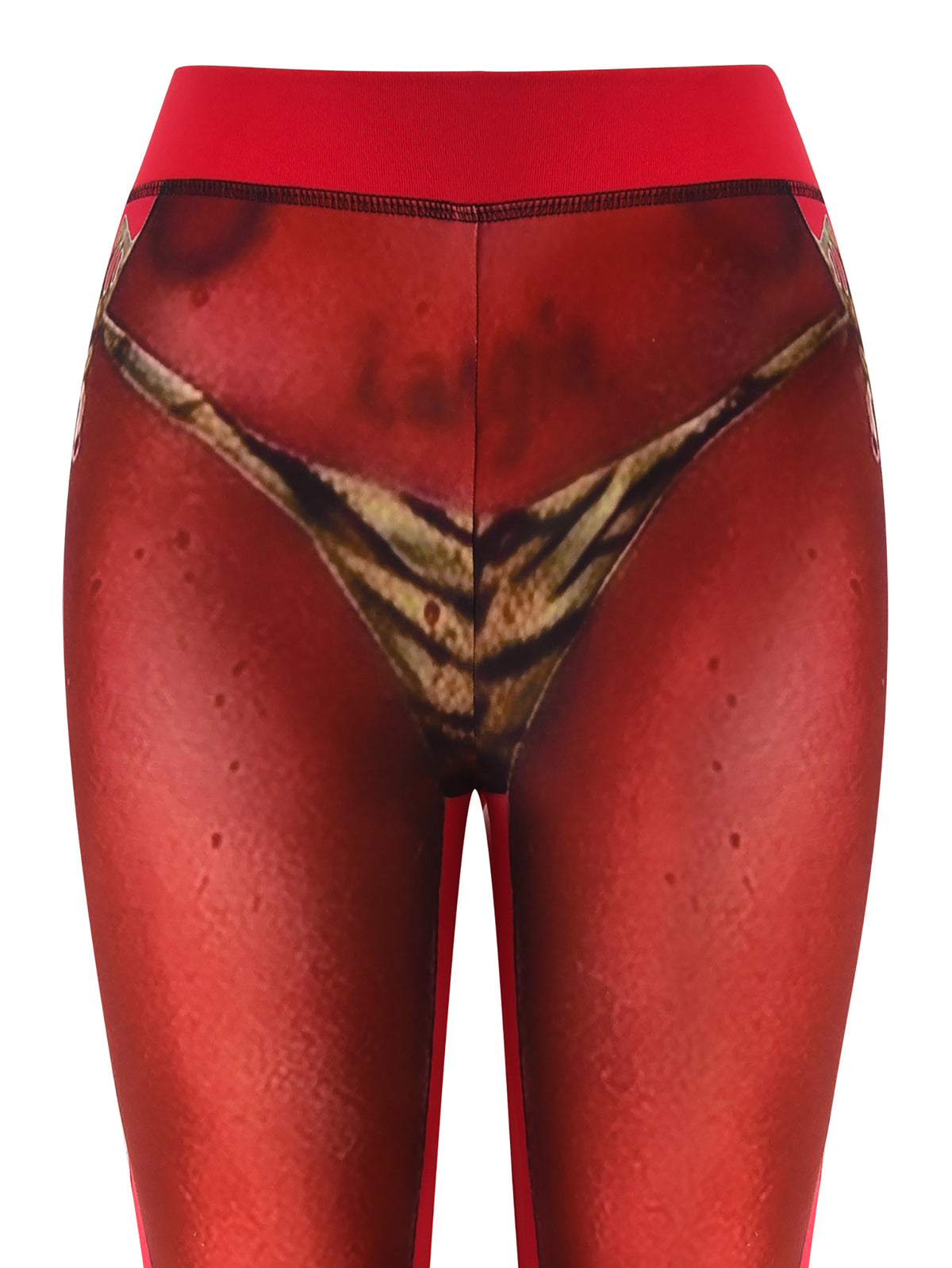 The T-REX SPRAY BODY BLARE CAPRI - RED by I.AM.GIA features a bold print mimicking a tanned body in a bikini bottom, made from comfortable bamboo fabric.