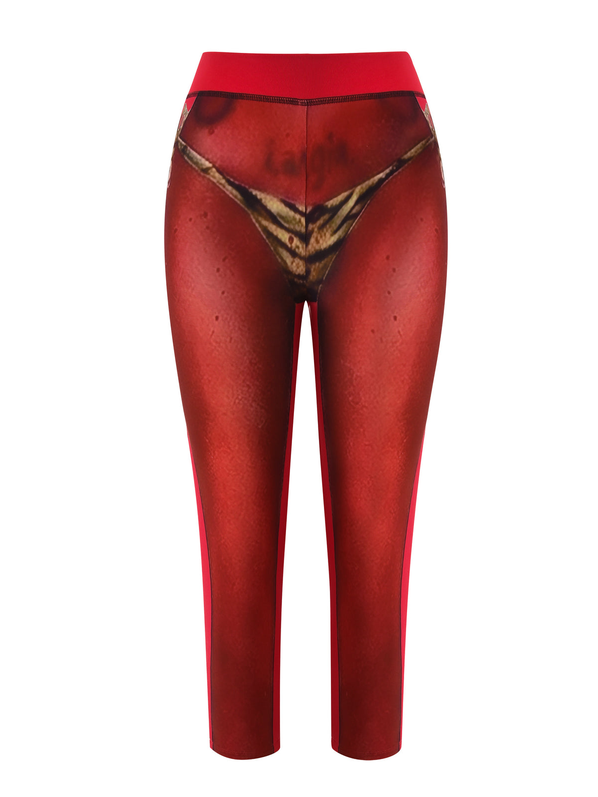 The T-REX SPRAY BODY BLARE CAPRI - RED by I.AM.GIA features a bold printed design with a trompe l’oeil gold bikini bottom and tribal logo for an eye-catching look.