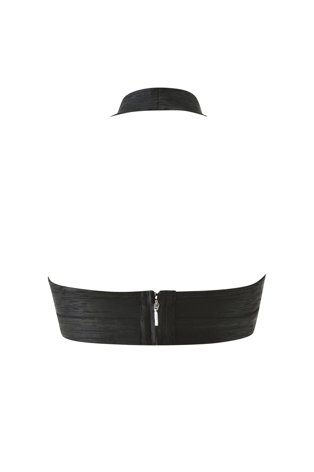 Black EVA PLATINUM BANDAGE BRALETTE TOP featuring a body-contouring halter-style design and back zipper closure.