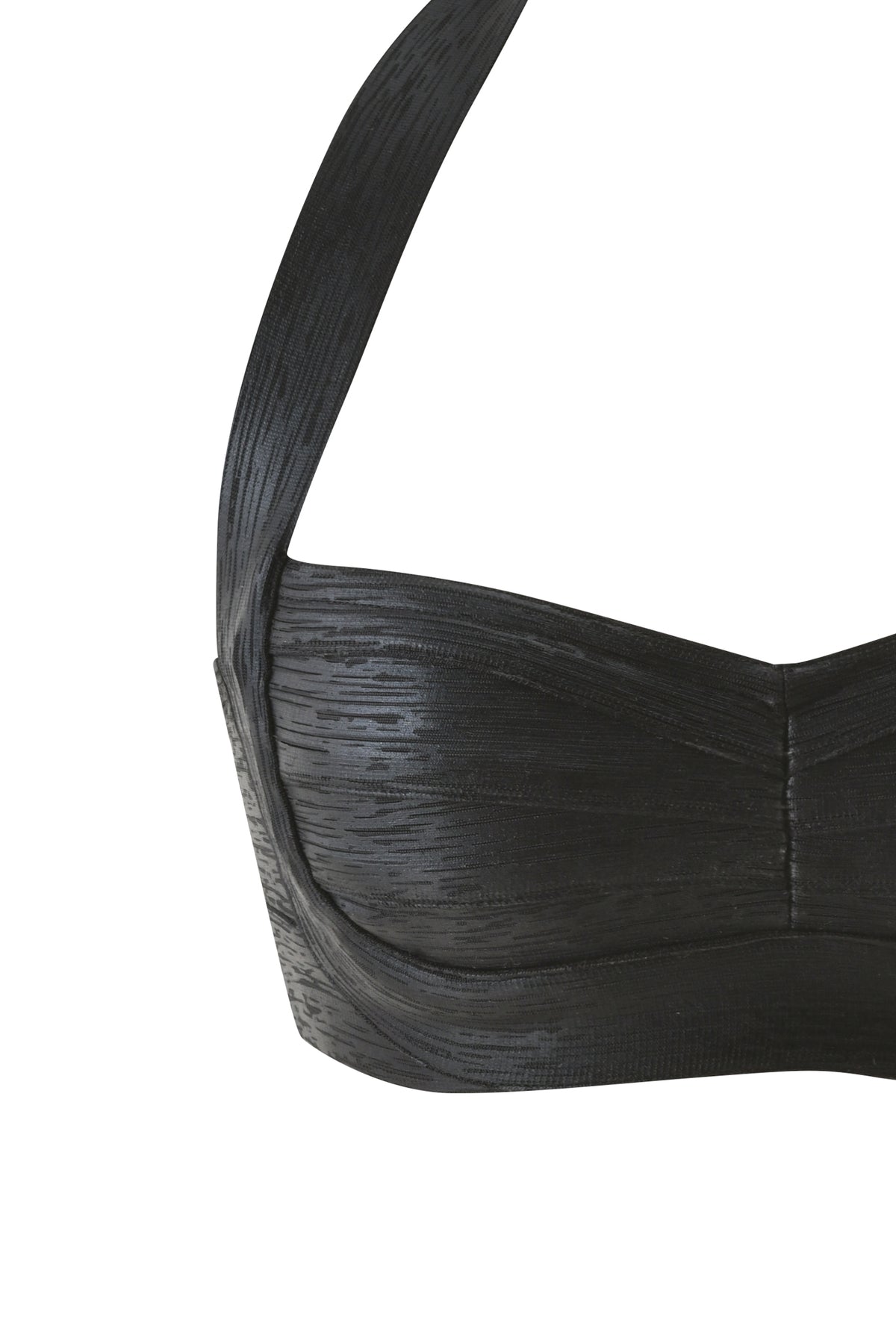 Black EVA PLATINUM BANDAGE BRALETTE TOP featuring a halter-neck, metallic bandage fabric, and a textured, banded design.