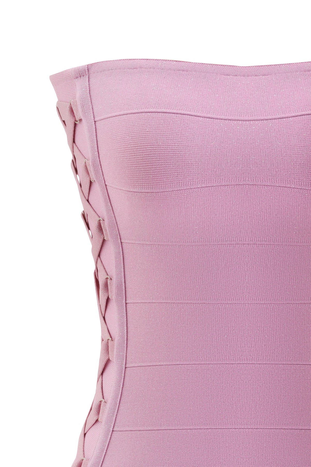 ARIAH SHIMMER BANDAGE TUBE MINI DRESS - PINK SHIMMER strapless bandage mini dress with lace-up side detailing and a shimmering finish.