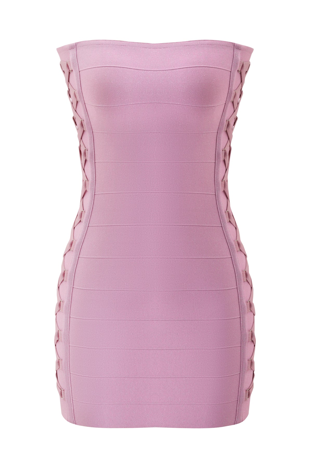 ARIAH SHIMMER BANDAGE TUBE MINI DRESS in pink, a strapless bandage mini dress with lace-up side details and a subtle shimmer finish.