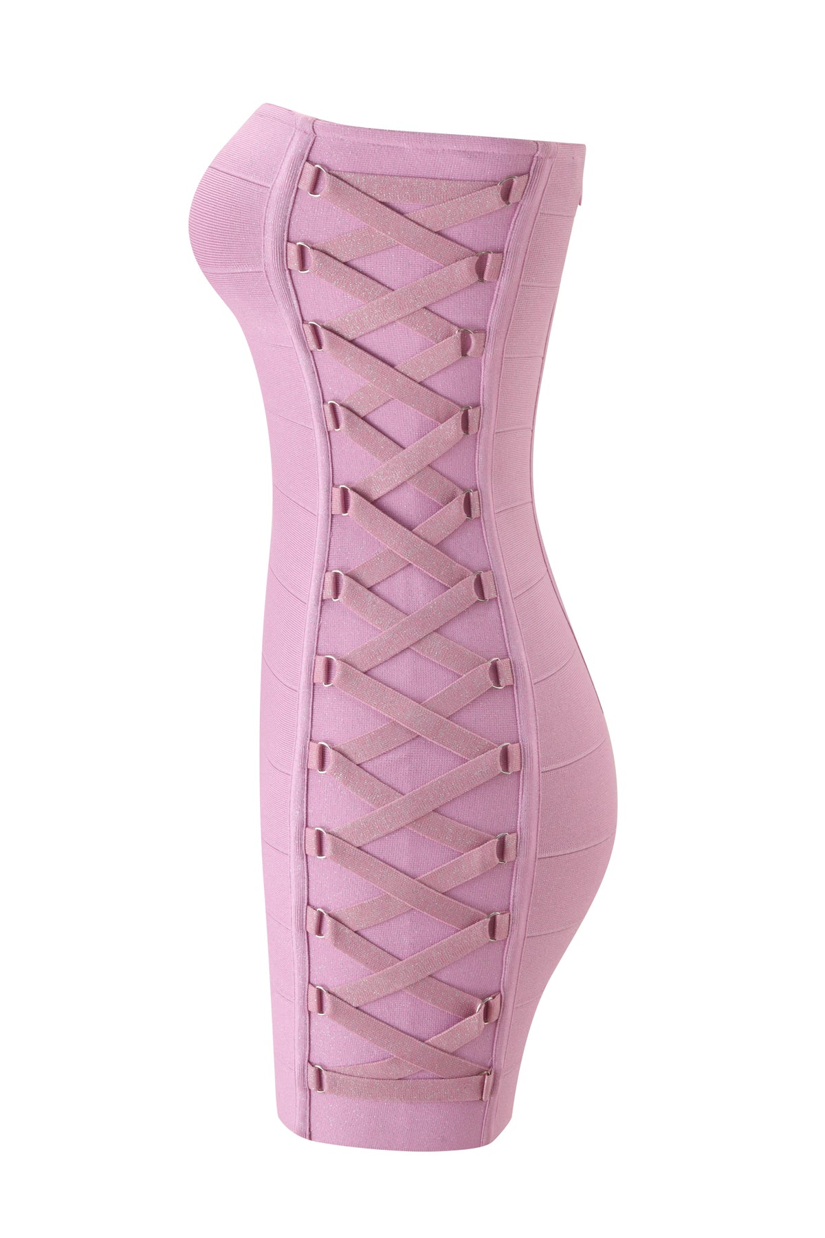 ARIAH SHIMMER BANDAGE TUBE MINI DRESS - PINK SHIMMER strapless bodycon mini dress featuring a lace-up side detail.