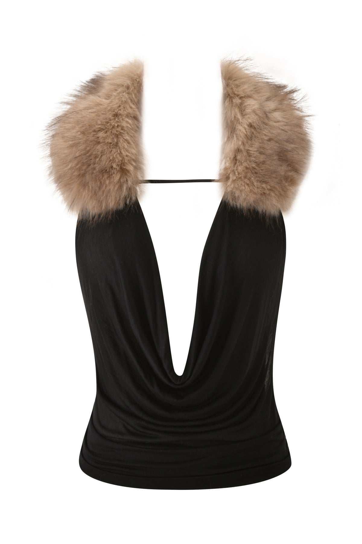 ANEESA COWL TOP - BLACK, a sleeveless top with a draped cowl neckline, deep plunging front, and tan faux fur trim at the shoulders.