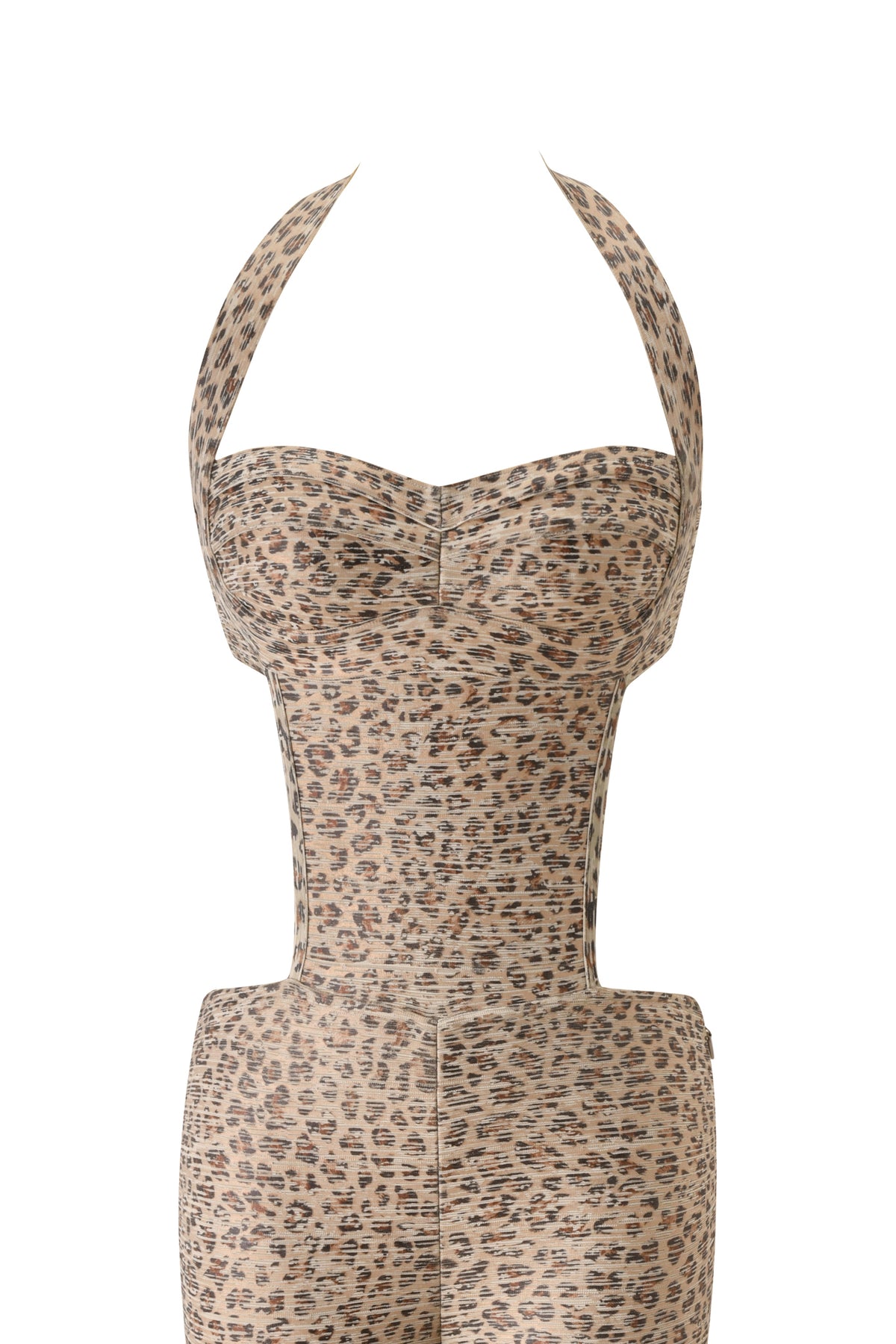 The EVA BANDAGE CAPRI JUMPSUIT - LEOPARD ANIMAL FOIL by I.AM.GIA is a sleeveless, halter-neck jumpsuit with a fitted waist and sweetheart neckline, styled in leopard print and shown on a white background.