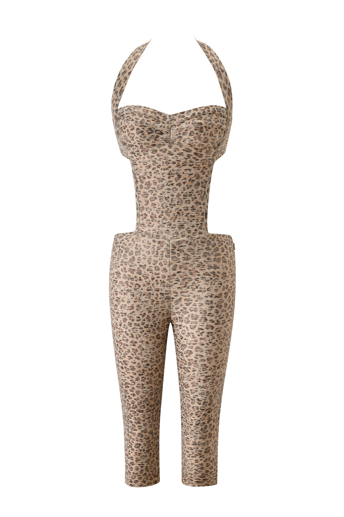 EVA BANDAGE CAPRI JUMPSUIT - LEOPARD ANIMAL FOIL by I.AM.GIA, featuring a halter neck, fitted bodice, waist cutout, and cropped legs in leopard print. Displayed on a white background without mannequin or model.