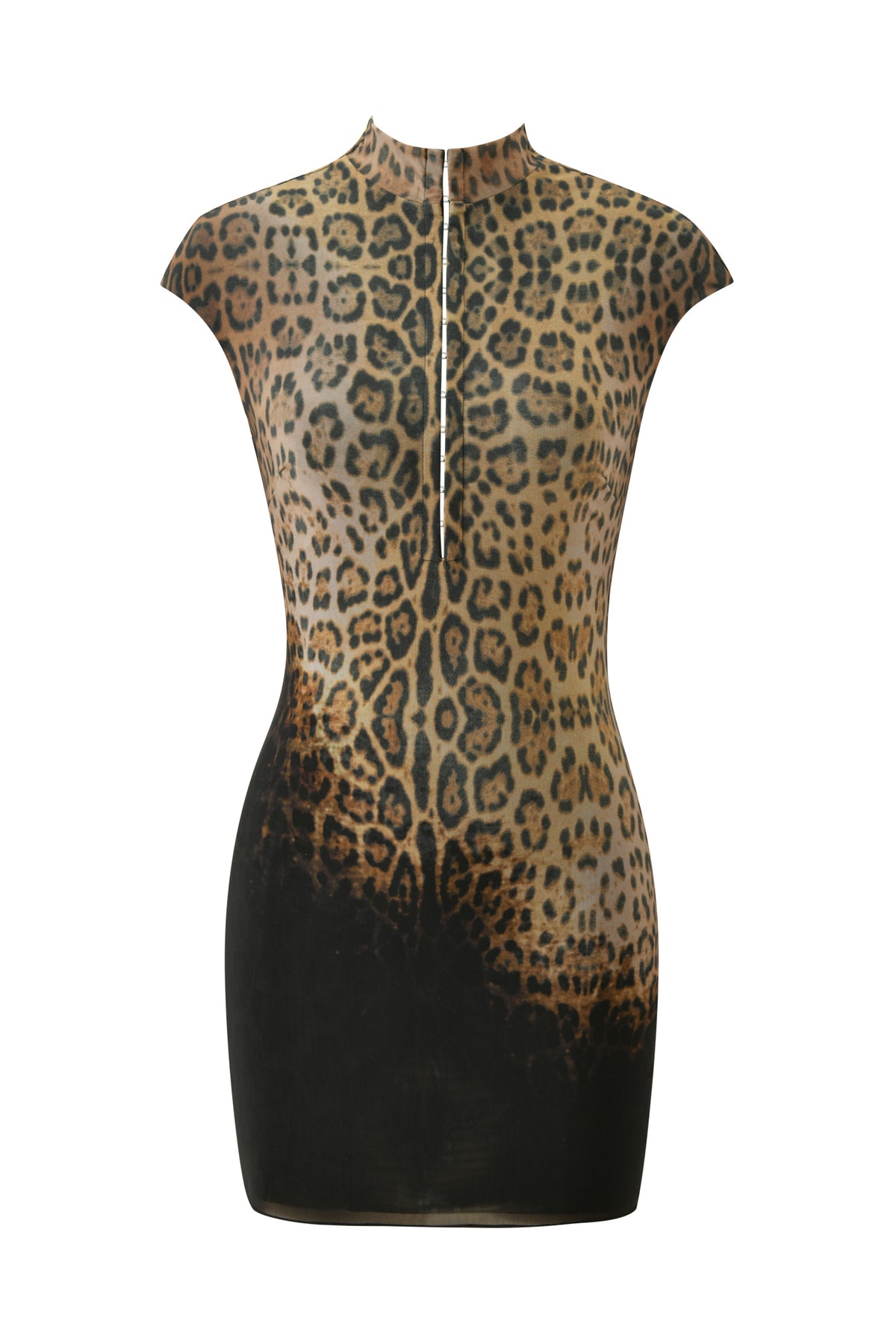 The ZOYA MINI DRESS by I.AM.GIA is a short-sleeved, form-fitting bodycon mini dress featuring a high neckline and a bold black leopard print in brown, tan, and black tones.
