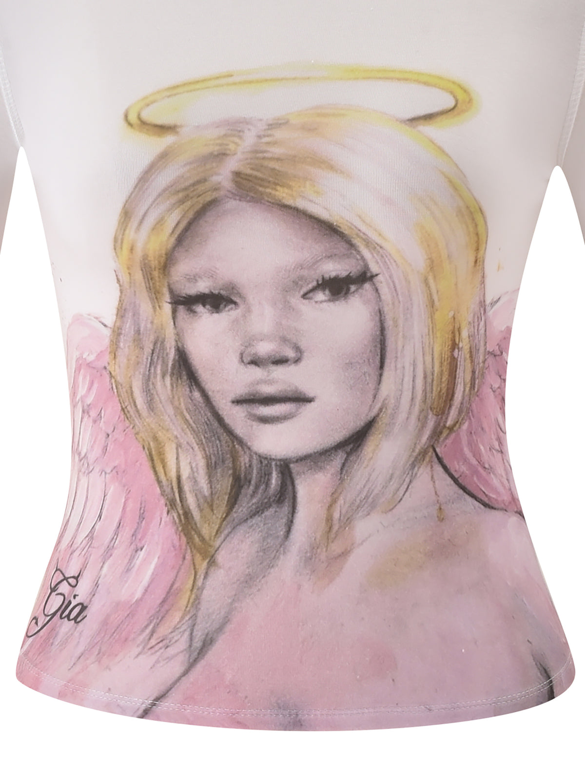 The T-REX BLARE 2.0 LONG SLEEVE TEE - WHITE by I.AM.GIA is a fitted white top with angel girl artwork—blonde angel, halo, pink wings, and the signature “Gia” in the lower left.