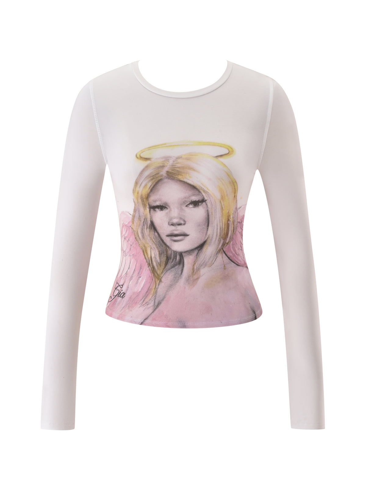 The I.AM.GIA T-REX BLARE 2.0 LONG SLEEVE TEE - WHITE features their signature angel girl graphic—a blonde woman with a yellow halo and pink wings—on a classic white long-sleeve top.