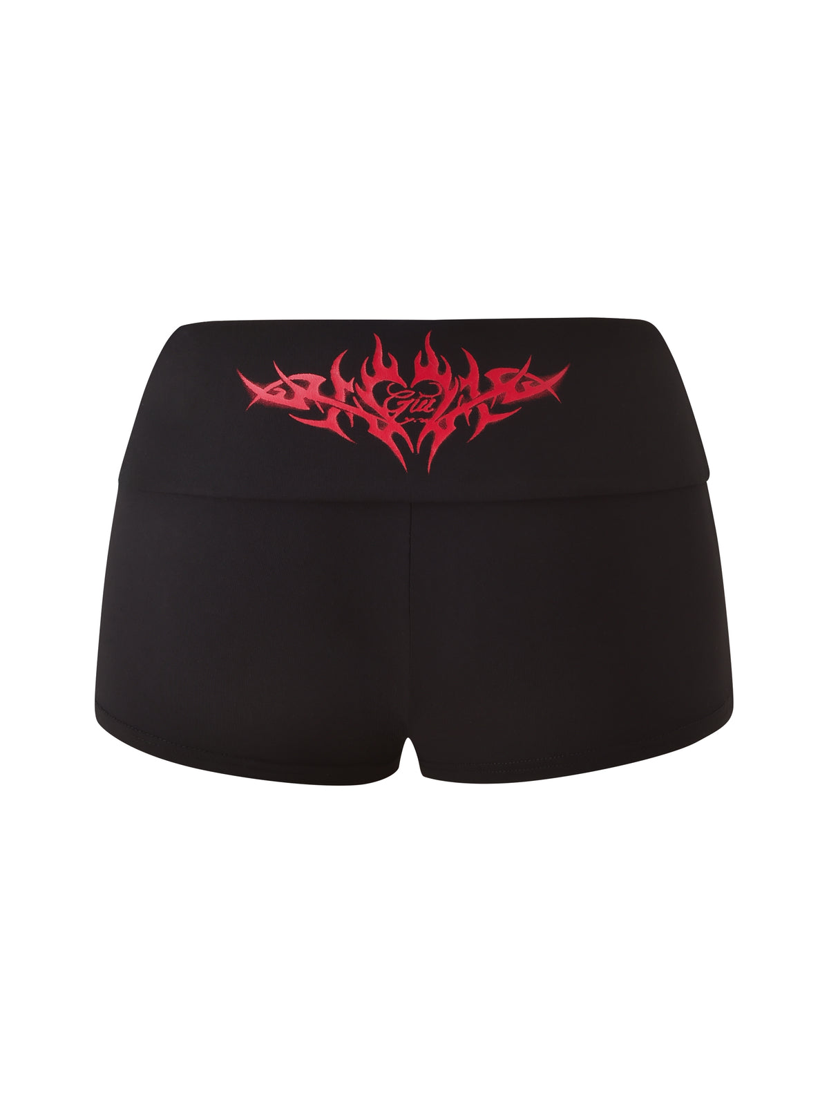 The T-REX BLARE 2.0 SHORT - BLACK by I.AM.GIA features a foldover waistband with a red tribal flame and heart graphic, shown from the back.