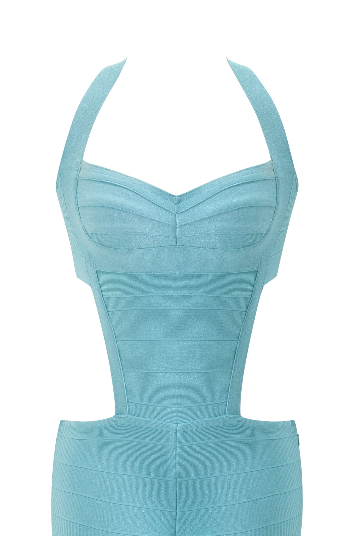 Metallic blue EVA SHIMMER BANDAGE CAPRI JUMPSUIT with a halter neckline and cutouts at the waist.