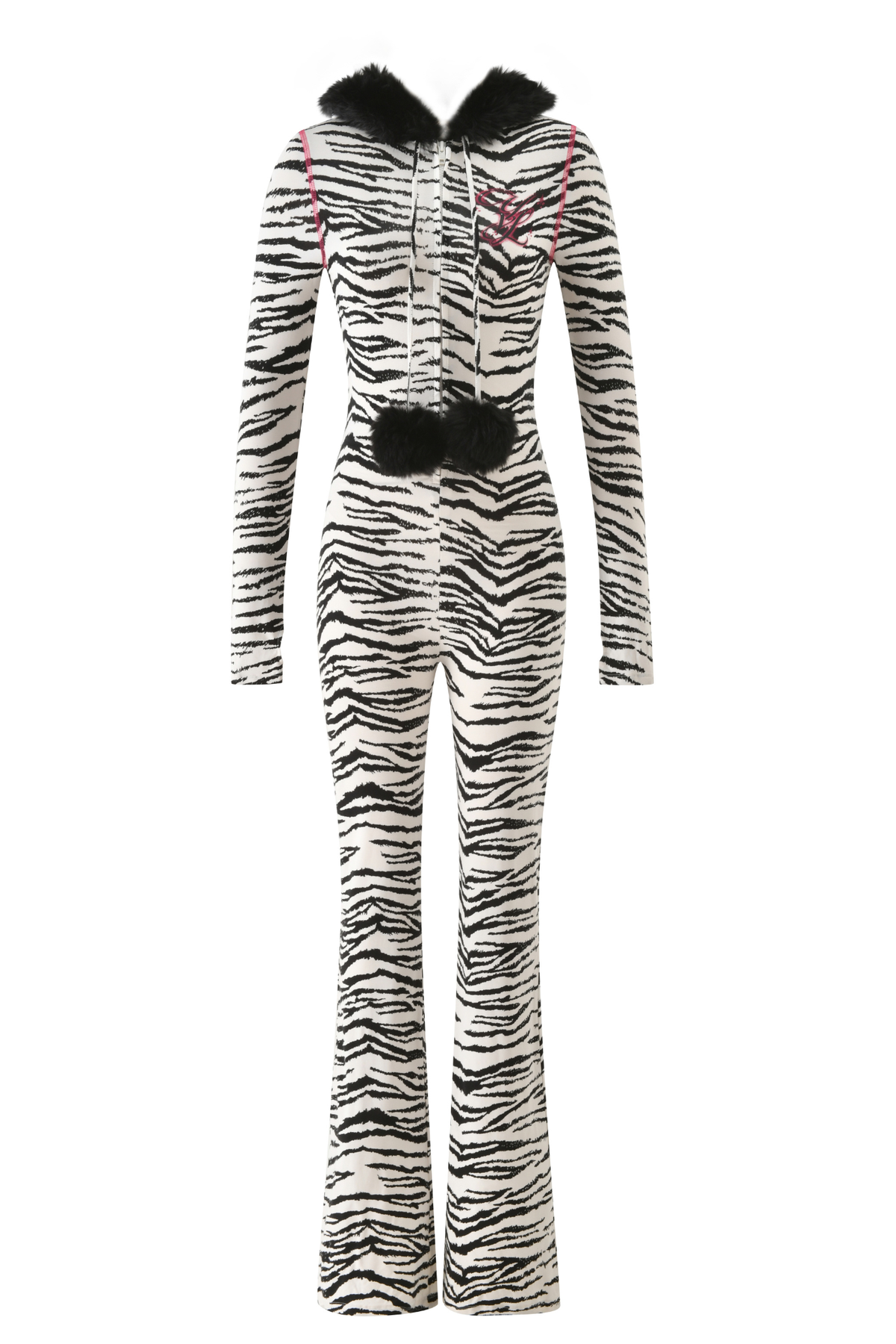 YVL BLARE FUR LINED JUMPSUIT - ZEBRA with long sleeves, a black faux-fur collar, and two black pom-poms on the drawstring.