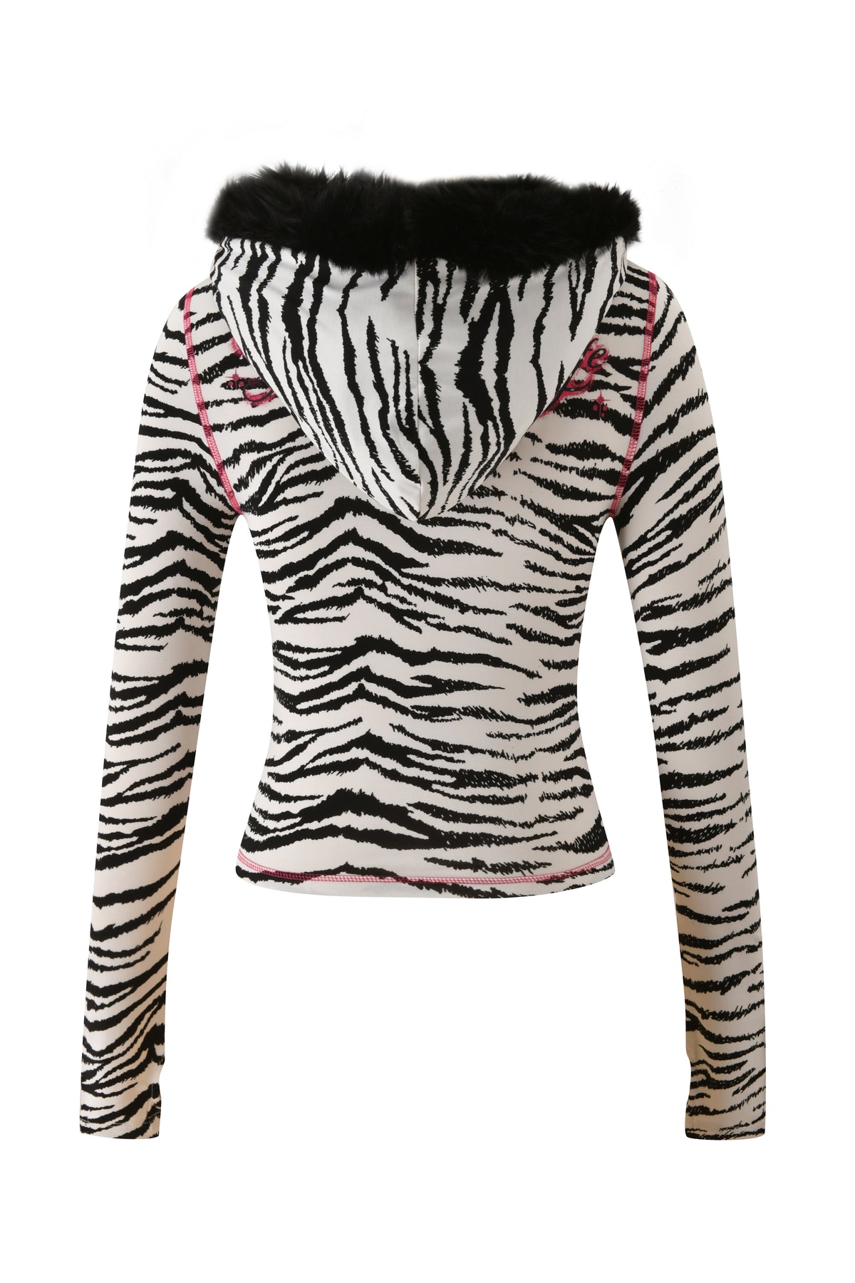 Back view of a YVL BLARE FUR LINED HOODIE - ZEBRA, featuring a black faux fur-lined hood and pink exposed stitching.
