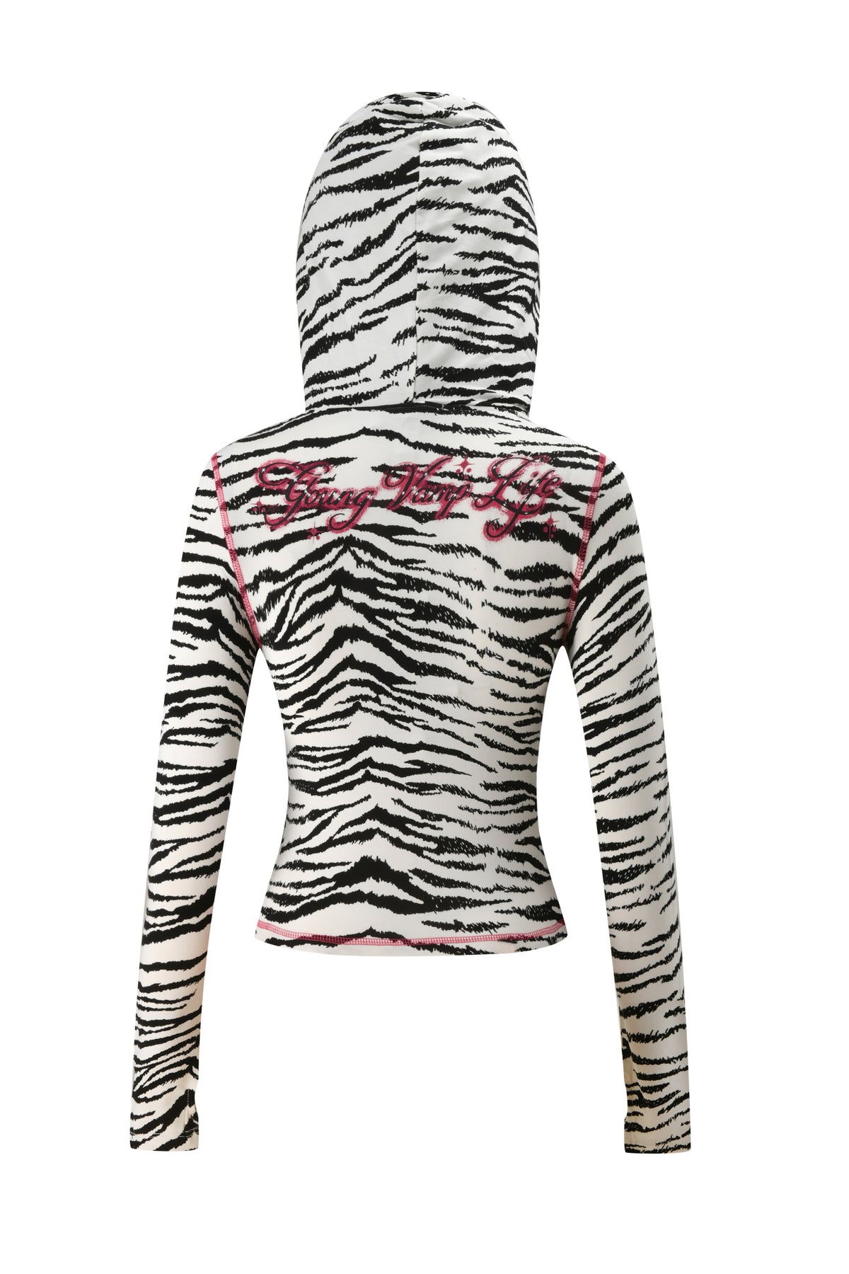 I.AM.GIA YVL BLARE FUR LINED HOODIE - ZEBRA with a hood and pink stitched detailing, featuring “Young Thug Life” embroidered in pink across the back.