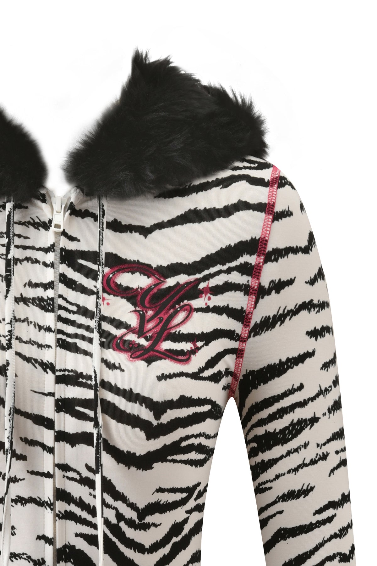 I.AM.GIA YVL BLARE FUR LINED HOODIE - ZEBRA featuring a black faux fur hood trim and a pink embroidered logo on the chest.