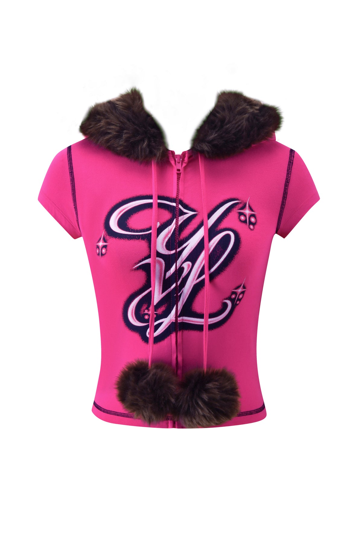 I.AM.GIA YVL BLARE FUR LINED CAP SLEEVE HOODIE - PINK in bamboo, featuring cap sleeves, a zip-up front, dark faux fur hood trim, matching pom-poms on the drawstring, and a stylized script logo on the chest.