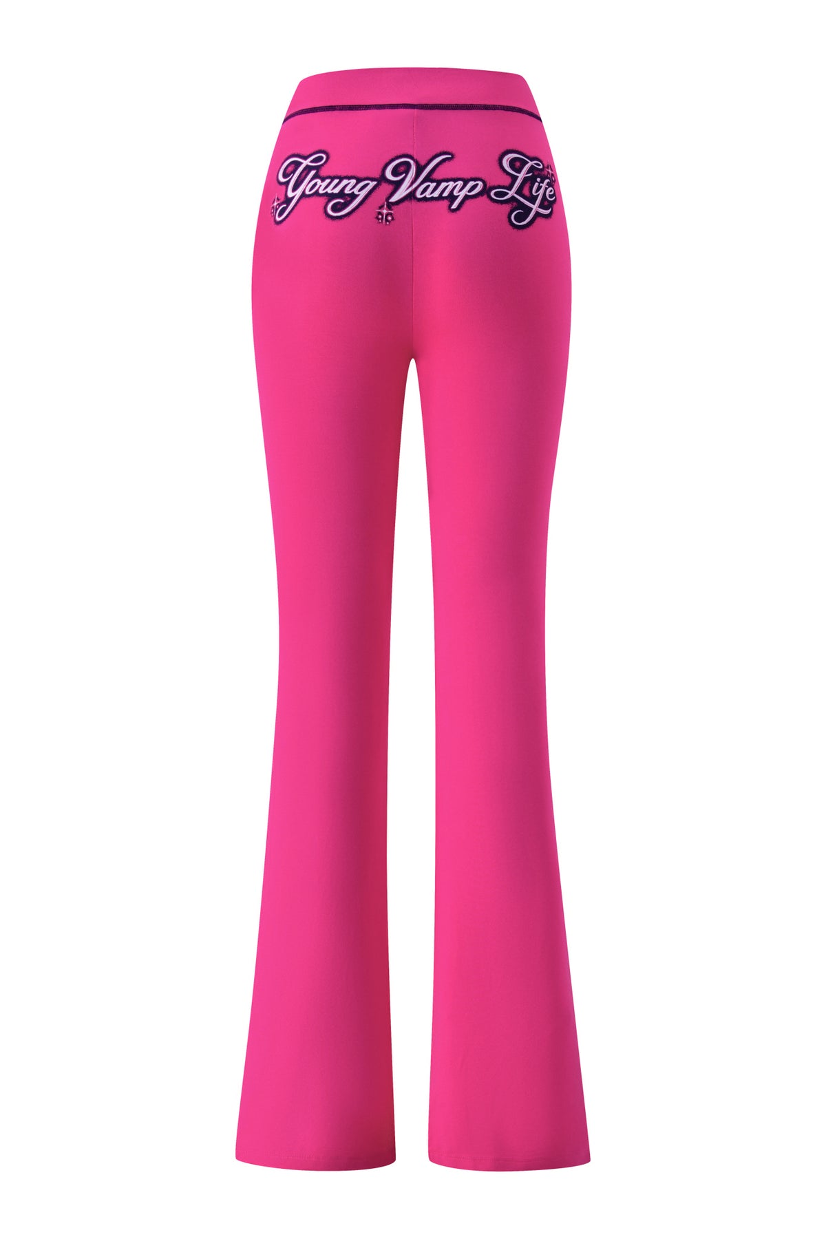 Bright pink YVL BLARE TRACKPANT trackpants with “Young Vamp Life” embroidered in black across the back waistband.