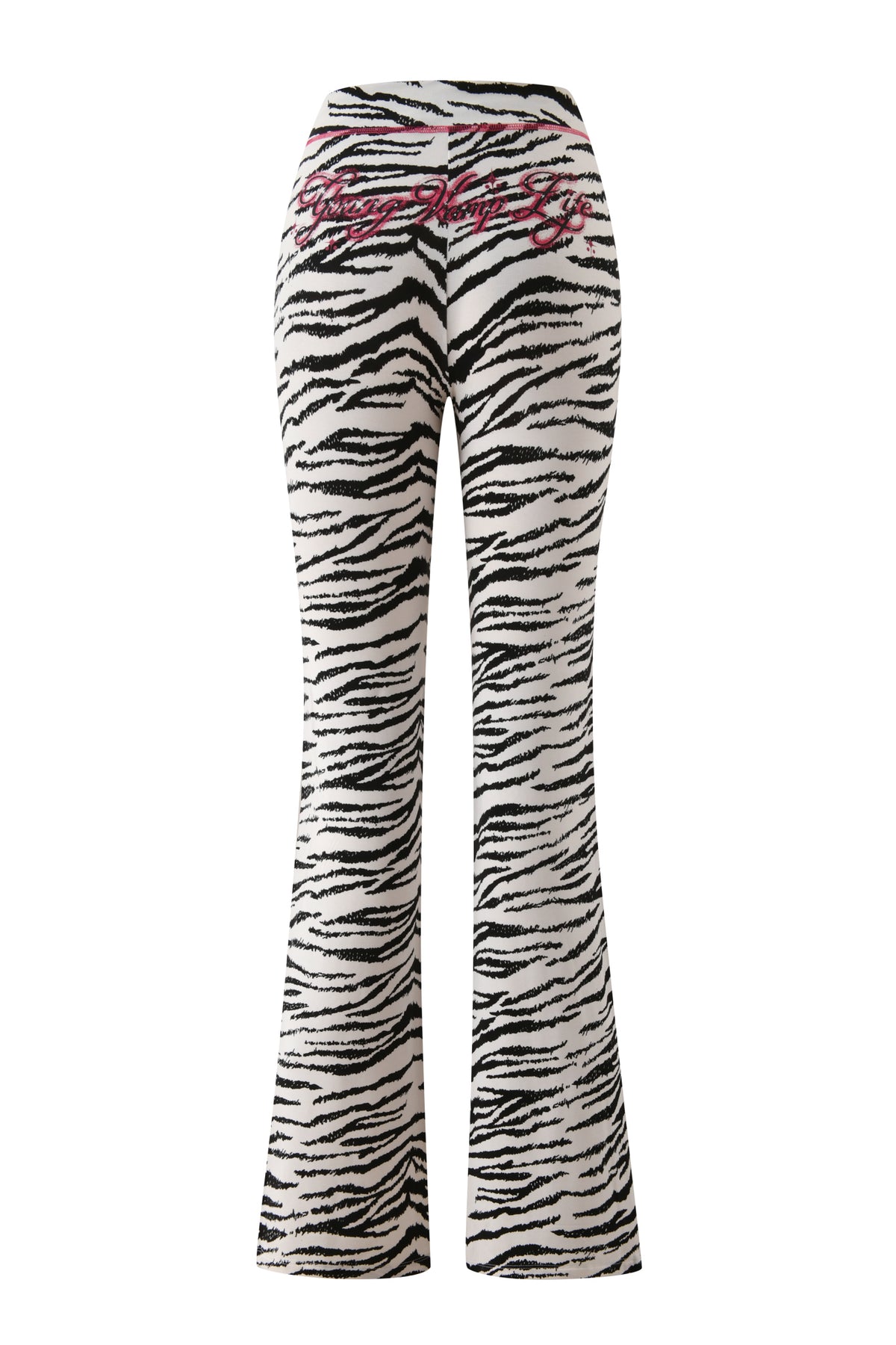 I.AM.GIA YVL BLARE TRACKPANT - ZEBRA in a high-waisted, flared fit with a black and white zebra print and pink embroidered script across the back waistband.
