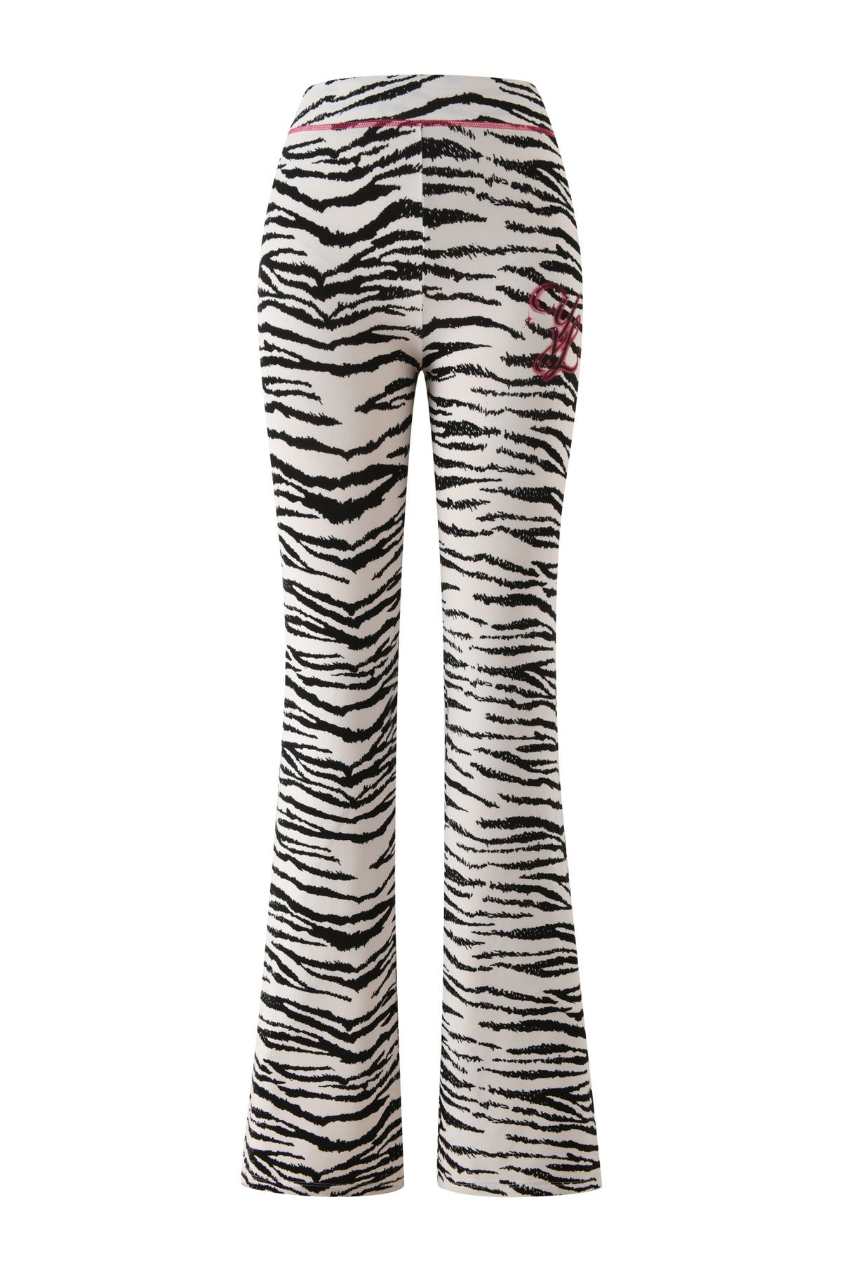 High-waisted, flared I.AM.GIA YVL BLARE TRACKPANT - ZEBRA in cream and black zebra print with pink logo embroidery on the hip.