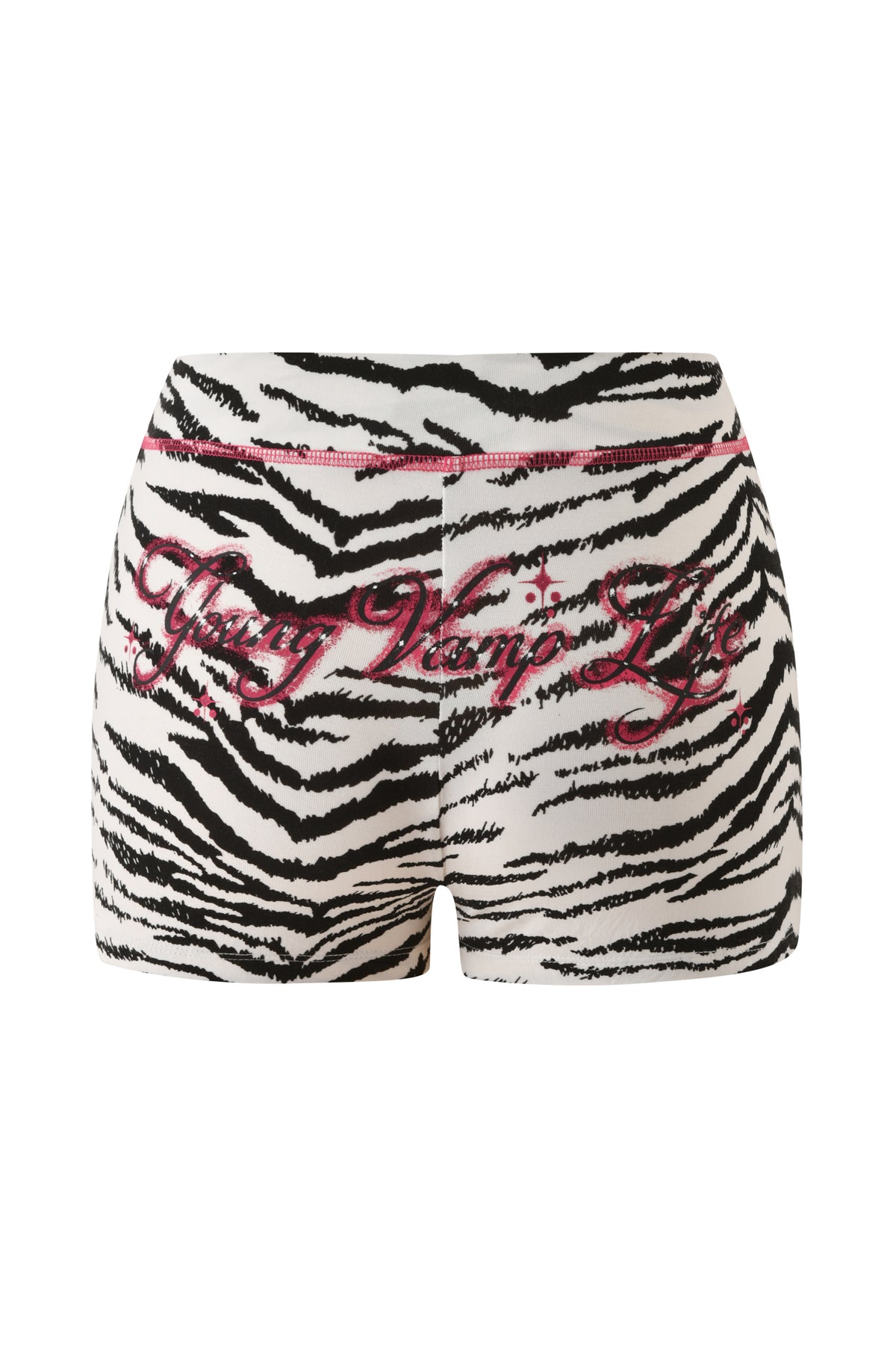 I.AM.GIA YVL BLARE SHORT - ZEBRA mini shorts with pink stitching and the words “Young Vamp Life” embroidered in pink script across the back.
