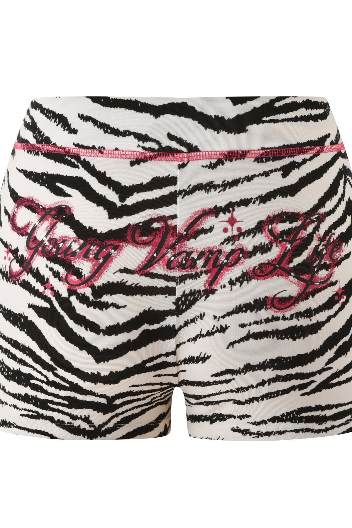I.AM.GIA YVL BLARE SHORT - ZEBRA mini shorts in a zebra print with pink glittery text reading “Young Vamp Life” across the back.
