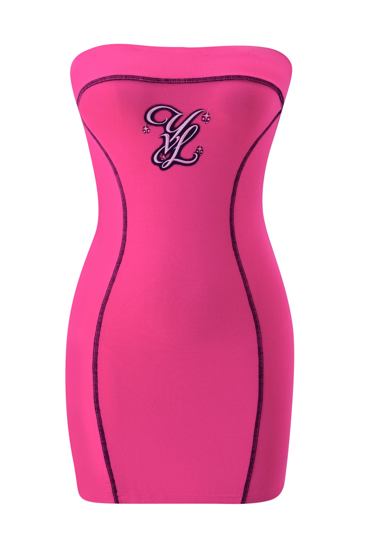 I.AM.GIA YVL BLARE TUBE MINI DRESS - PINK in hot pink bamboo fabric featuring a strapless mini silhouette, black contrast stitching, and a dark YVL monogram embroidered on the chest.