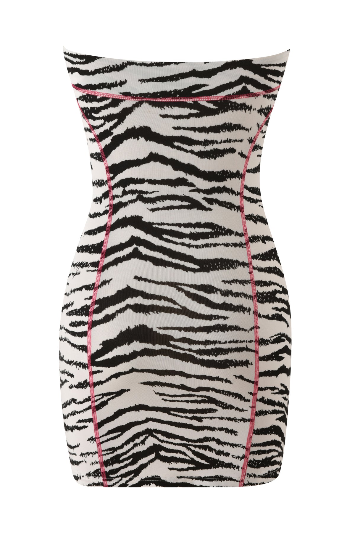 Strapless YVL BLARE TUBE MINI DRESS - ZEBRA featuring a black and white zebra print with exposed pink stitching.